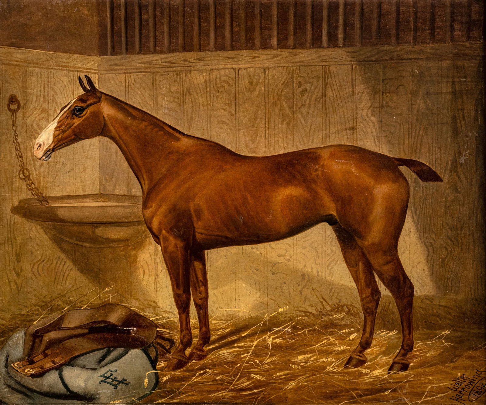 Harrowing, Walter: Harrowing, Walter C. 1838 - 1913 57 x 72 cm A bay horse in a stable. Oil/canvas, relined, signed and dated 1892. Traces due to age, rest.Harrowing, Walter Ca. 1838 - 1913 57 x 72 cm Brauner im Stall.