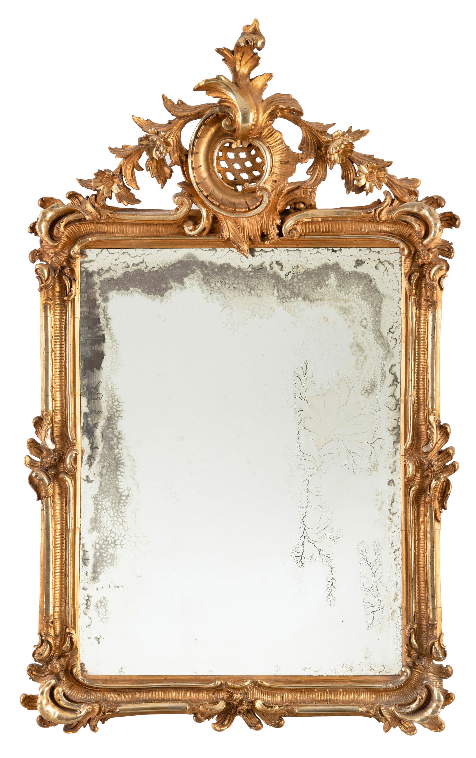 A BAROQUE STYLE CARVED WOOD, STUCCO SILVERED AND GILT DECORATIVE MIRROR (1 of 2)