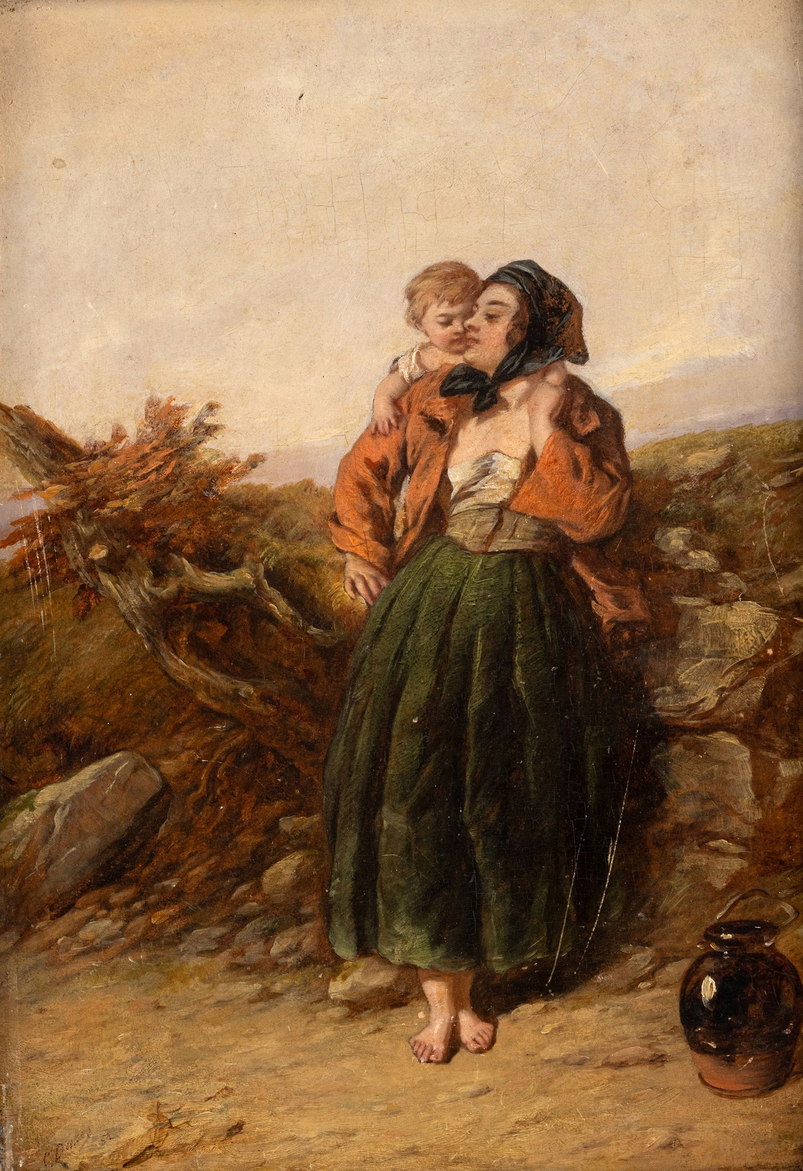 Dukes, Charles: Dukes, Charles 19th ct. 35 x 25 cm A peasant woman with her child. OIl/panel, signed and dated 54. Traces due to age.Dukes, Charles 19. Jhdt. 35 x 25 cm Bäuerin mit Kind. Öl/Holz, signiert