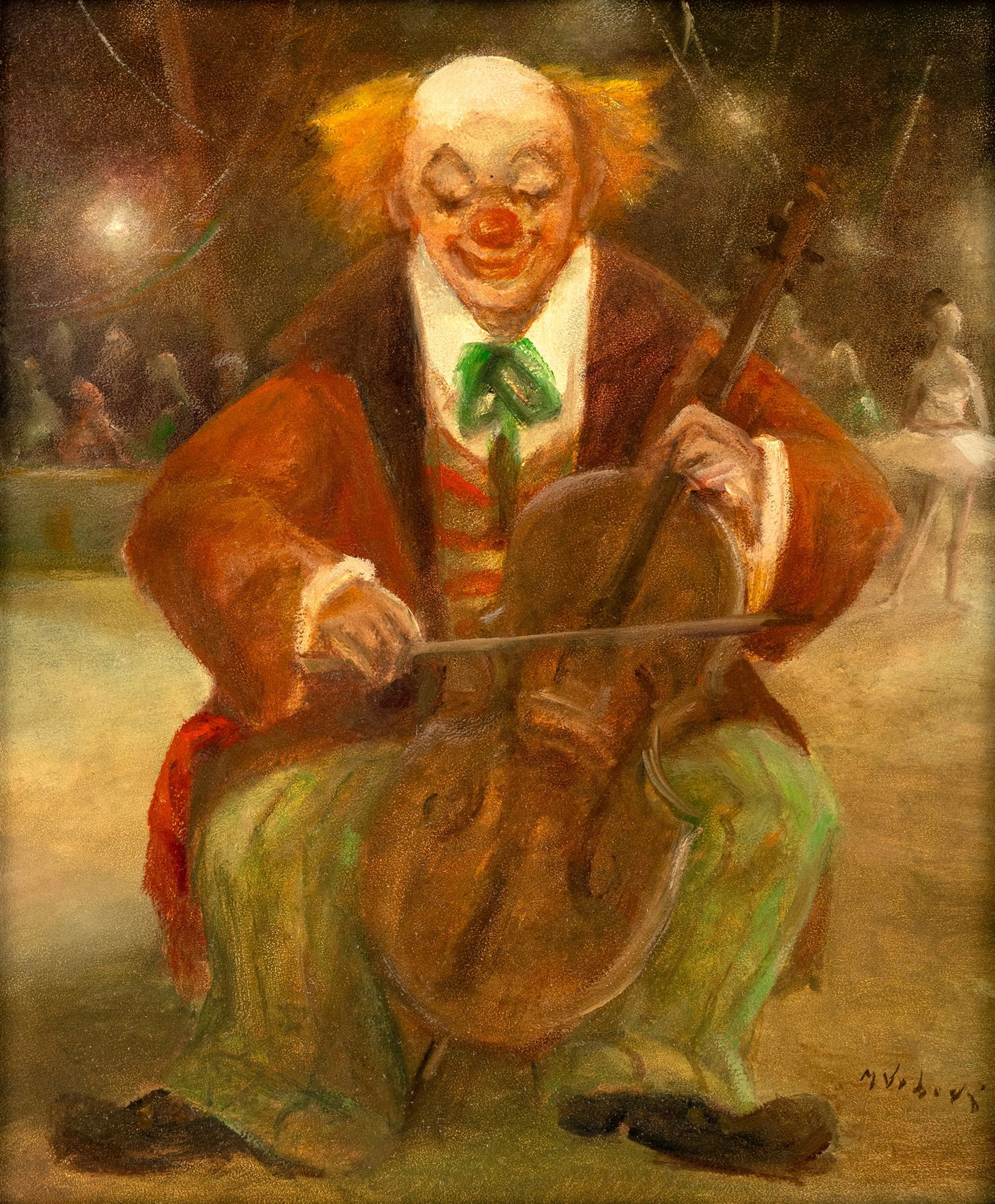 Vrbova, Miloslava: Vrbova, Miloslava 1911 - 1991 60 x 50 cm A clown playing cello. Oil/panel, signed.Vrbova, Miloslava 1911 - 1991 60 x 50 cm Cello spielender Clown. Öl/Holz, signiert.