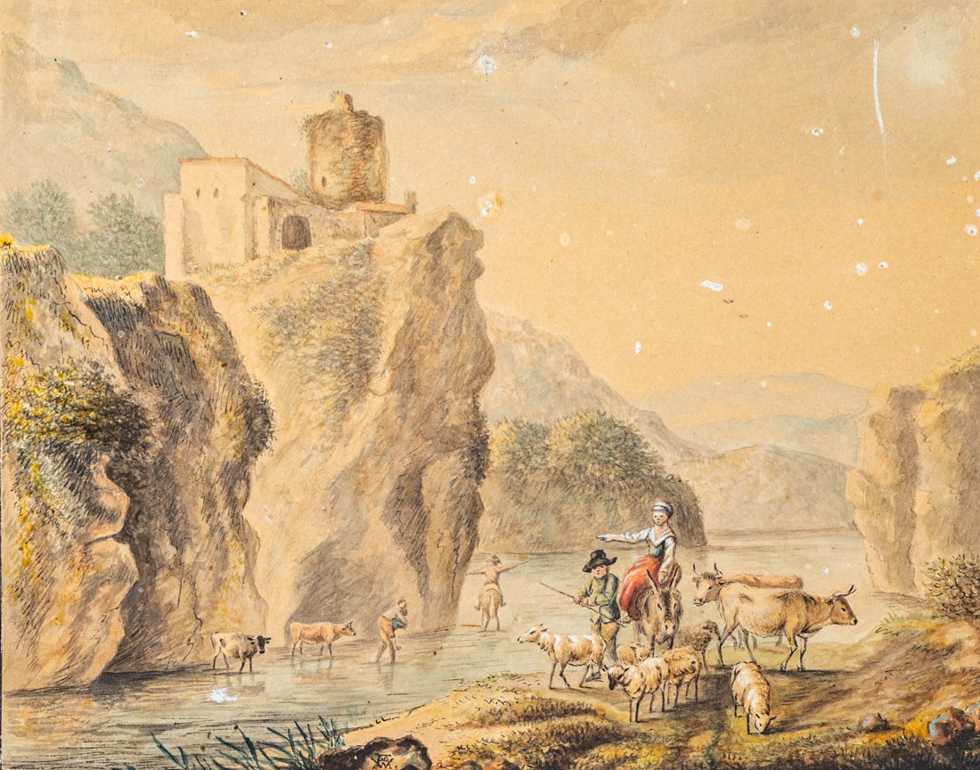 Germany/The Netherlands: Germany/The Netherlands 18/19th ct. H. 13/24 cm Two works: River landscape in the manner of Nicolaes Berchem. Pen and watercolour/paper, monogrammed AW. Egloffstein Castle in Franconian Switzerland.