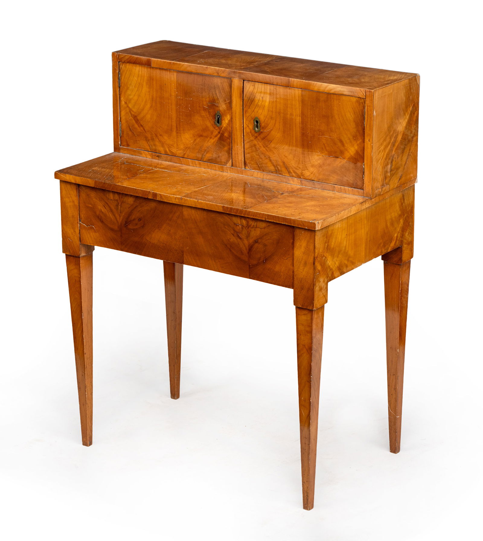 A SMALL CHERRYWOOD CHILDREN'S DESK: A SMALL CHERRYWOOD CHILDREN'S DESK 19th century 82 x 62 x 38 cm Desk with small cabinet top with 6 inner drawers. Rest., additions, damages due to age.Kindersekretär 19. Jhdt. 82 x 62 x 38 cm