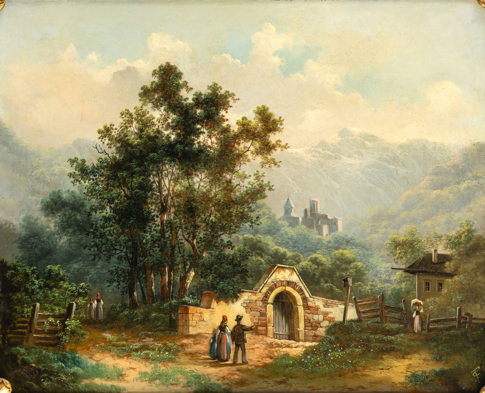 Monogrammist TS: Monogrammist TS 19/20th ct. 56 x 68,5 cm/ 74 x 87 cm Valley landscape with castle and figures at a gate. River landscape with castle and figures at a small waterfall. Counterparts. Oil/canvas,