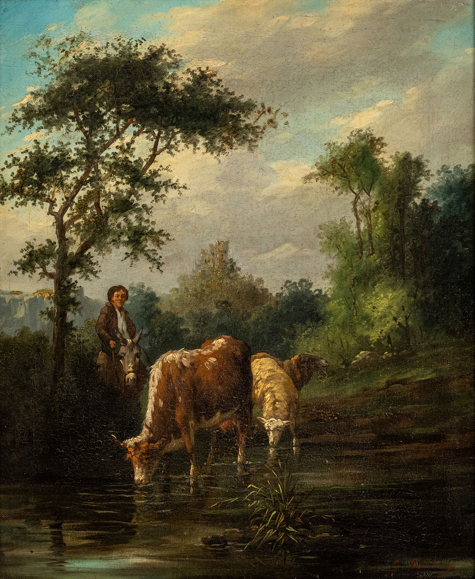 Rauscher, Johann Georg Friedrich (attr.): Rauscher, Johann Georg Friedrich (attr.) 1790 - 1856 46 x 55 cm Cattle at waters. Oil/canvas, relined, inscribed. Traces due to age, rest.Rauscher, Johann Georg Friedrich (attr.) 1790 - 1856 46 x 55