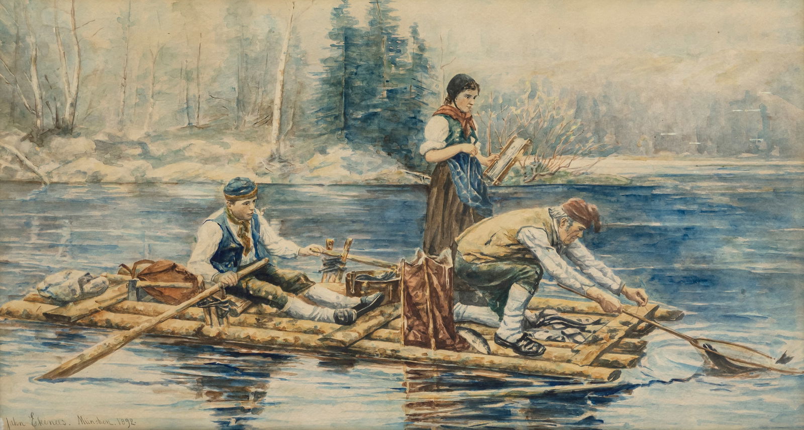 Ekenaes, Jahn: Ekenaes, Jahn Hof (Vestfold) 1847 - Follebu 1920 47,5 x 26,5 cm Fishing raftsmen in winter. Watercolour/paper, signed lower left, inscribed and dated "München 1892". South German private