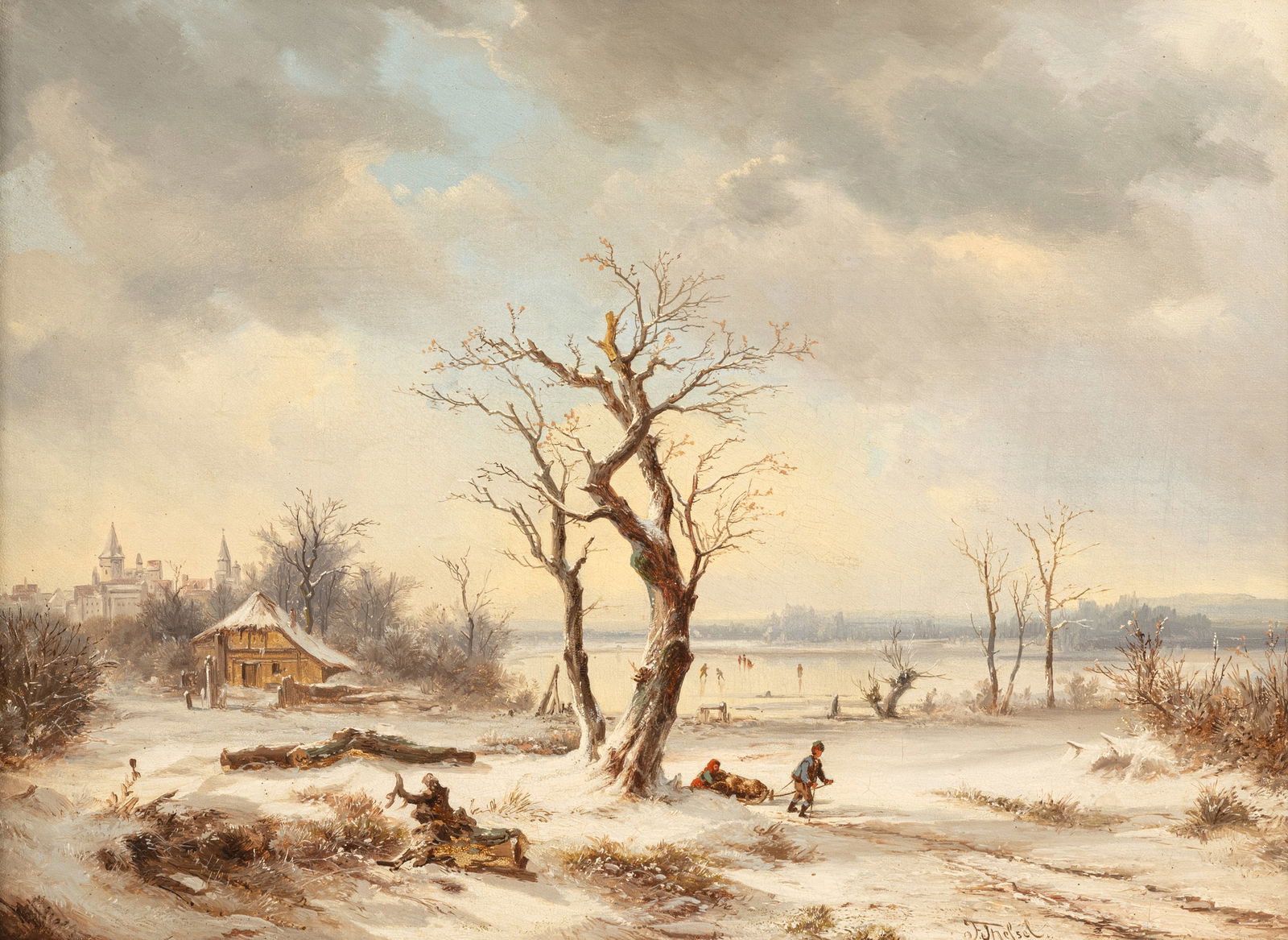 Thessel, Fürchtegott: Thessel, Fürchtegott Wurzen 1830 - Dresden 1873 40 x 54 cm Extensive winter landscape. Oil/canvas, signed lower right. Formerly from a Berlin collection.Thessel, Fürchtegott Wurzen 1830 -
