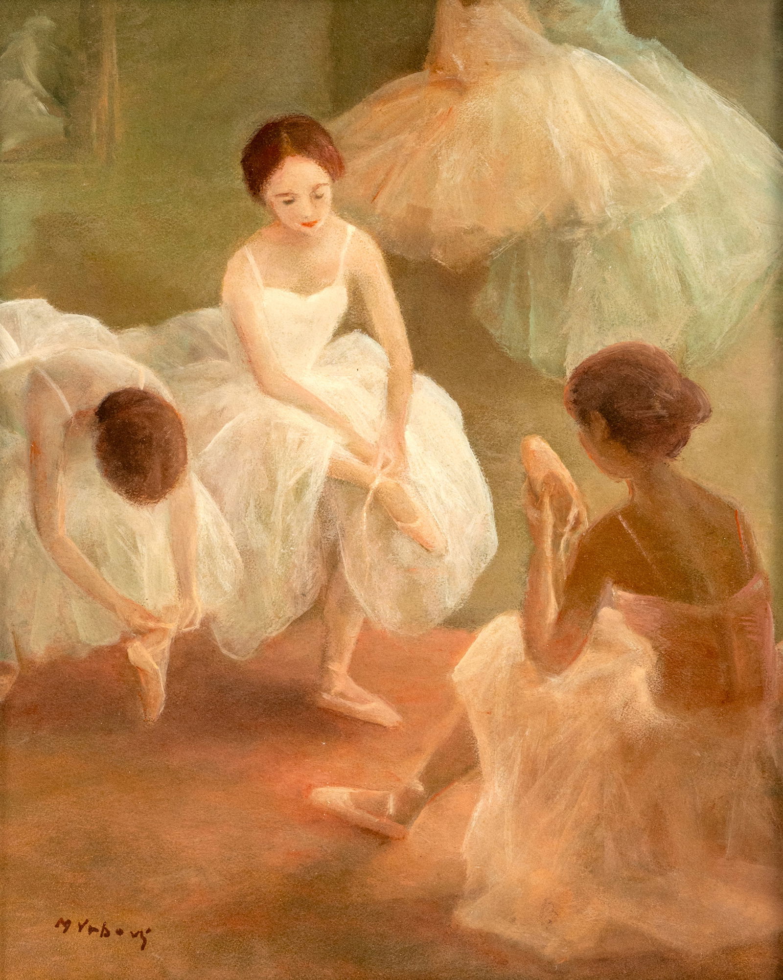Vrbova, Miloslava: Vrbova, Miloslava 1911 - 1991 50 x 40 cm Ballet dancers. Oil/cardboard, signed.Vrbova, Miloslava 1911 - 1991 50 x 40 cm Balletttänzerinnen. Öl/Holz, signiert.