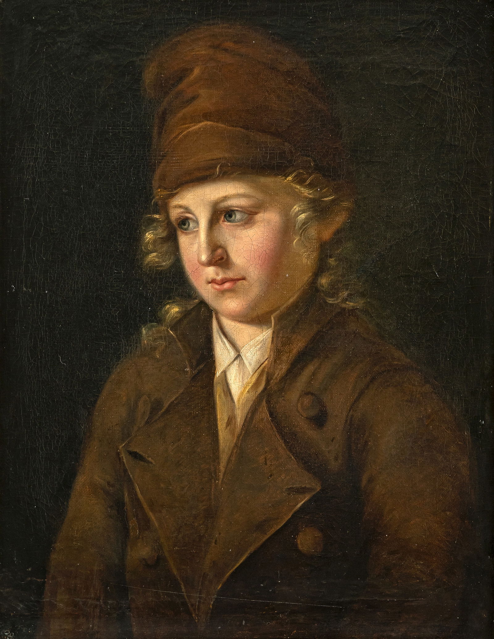 French School: French School 18/19th ct. 50 x 38 cm Portrait of a boy in a brown coat with a brown (Phrygian?) bonnet. Oil/canvas, relined. South German private collectionFranzösische Schule 18./19. Jhdt. 50 x