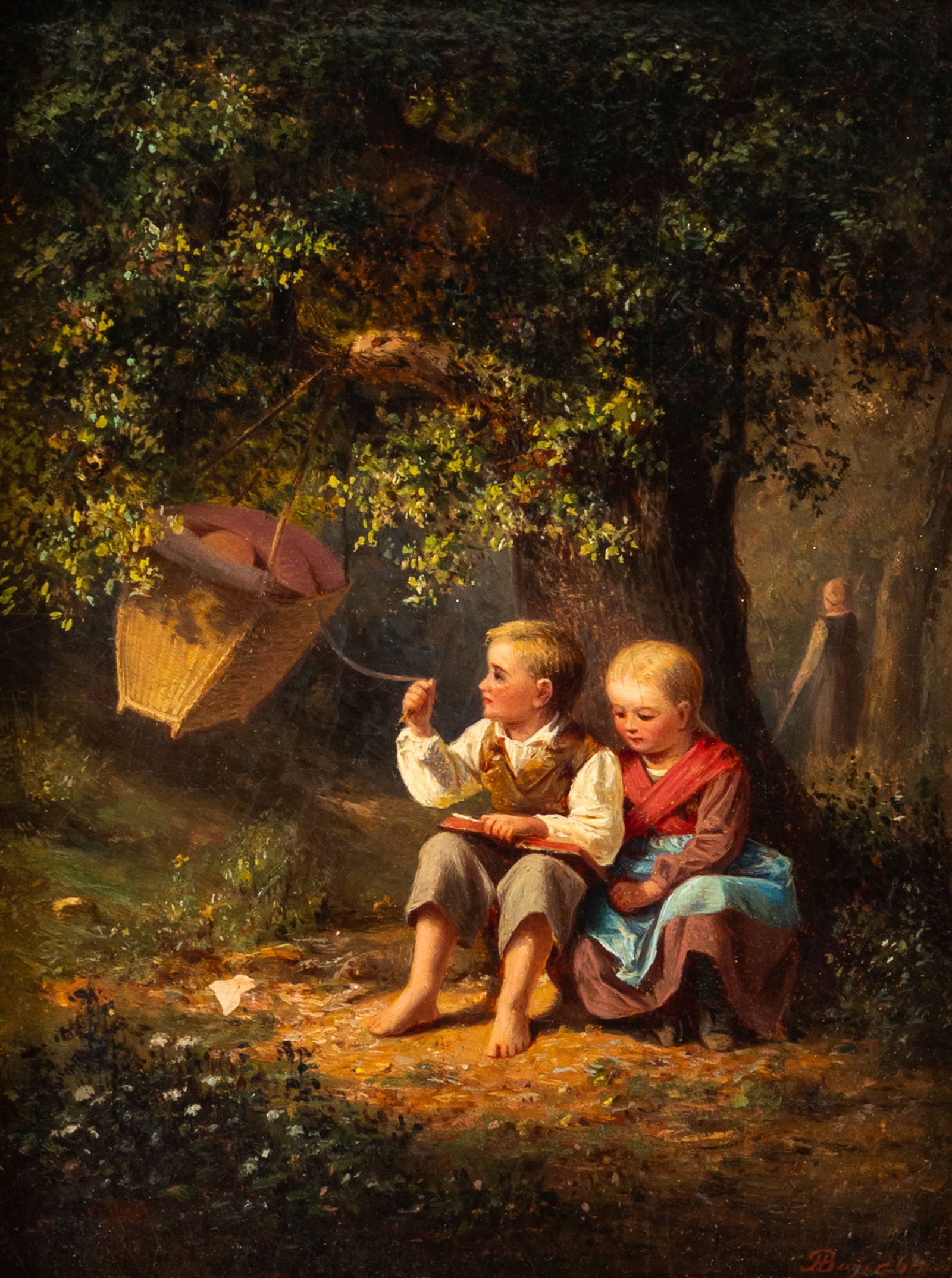 Bayer, Hermann: Bayer, Hermann 1819 - 1893 23 x 17,5 cm Two children in a wood landscape. Oil/canvas/cardboard, signed and verso inscribed.Bayer, Hermann 1819 - 1893 23 x 17,5 cm Zwei Kinder im Wald.