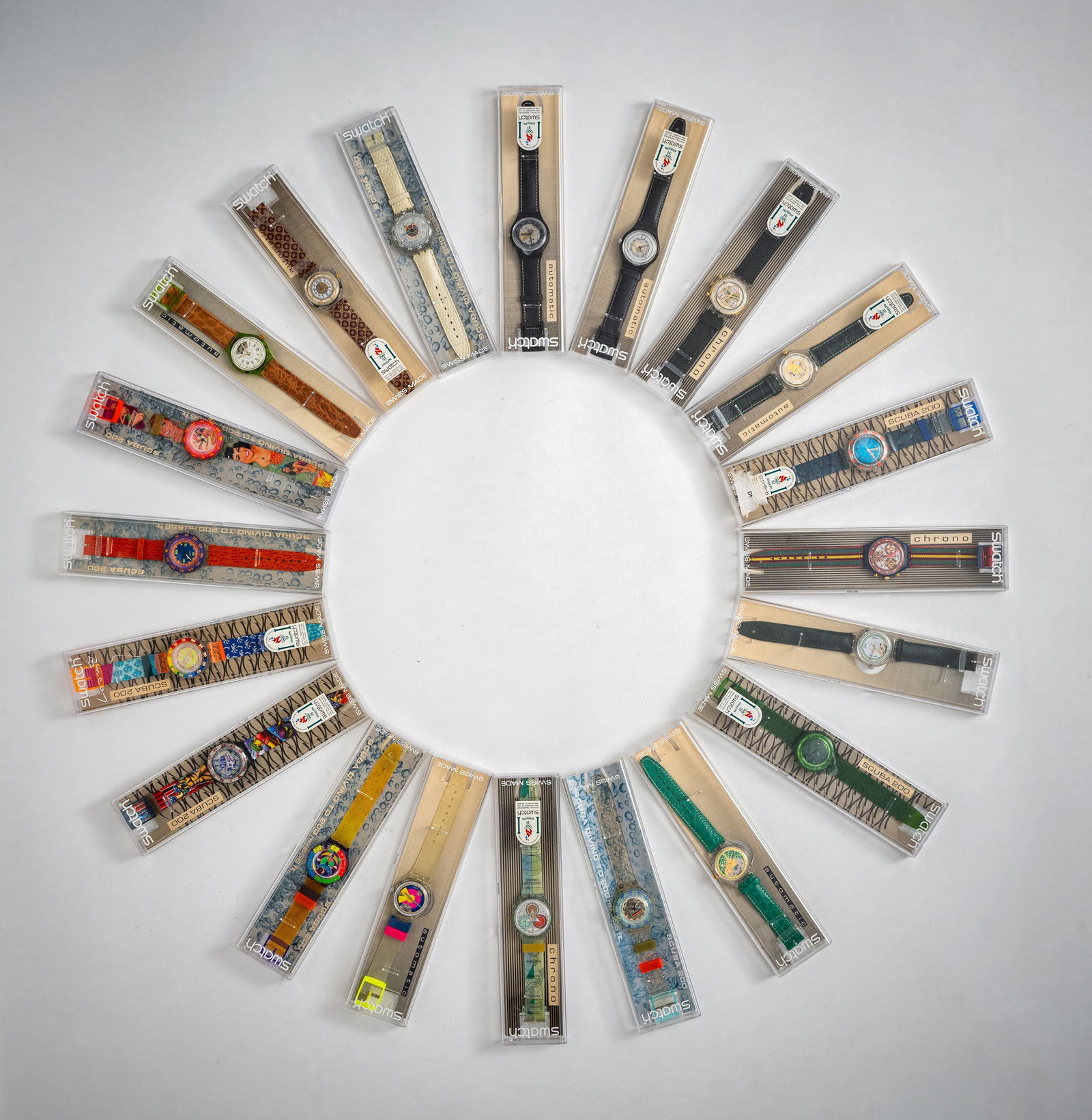 Mixed lot of 20 Swatch watches: Mixed lot of 20 Swatch watches Various editions, plastic and leather straps, water-resistant, quartz movement not tested for functionality, batteries must be replaced, with case. Collection Monika