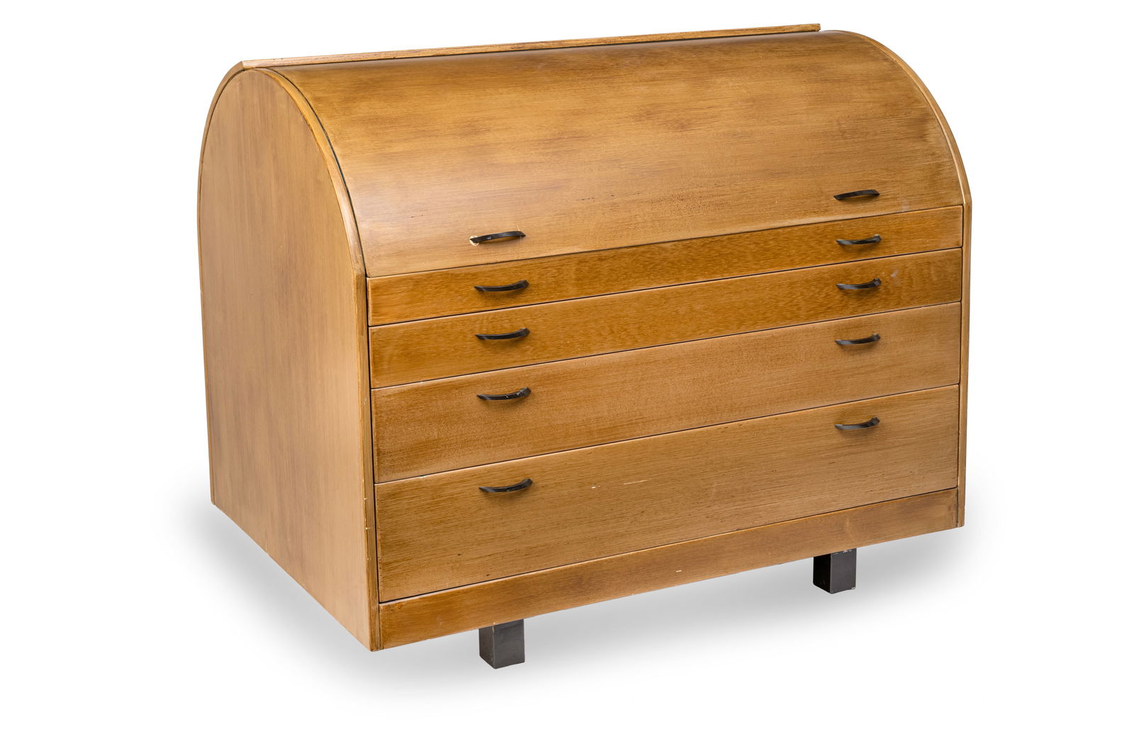 A SURFACE GRAINED MID-CENTURY CYLINDER BUREAU: A SURFACE GRAINED MID-CENTURY CYLINDER BUREAU the desin by Giovanno Offredi 86 x 104 x 68 cm the interior cream painted. Traces of use and age. The Monika and Horst Bülow Collection,