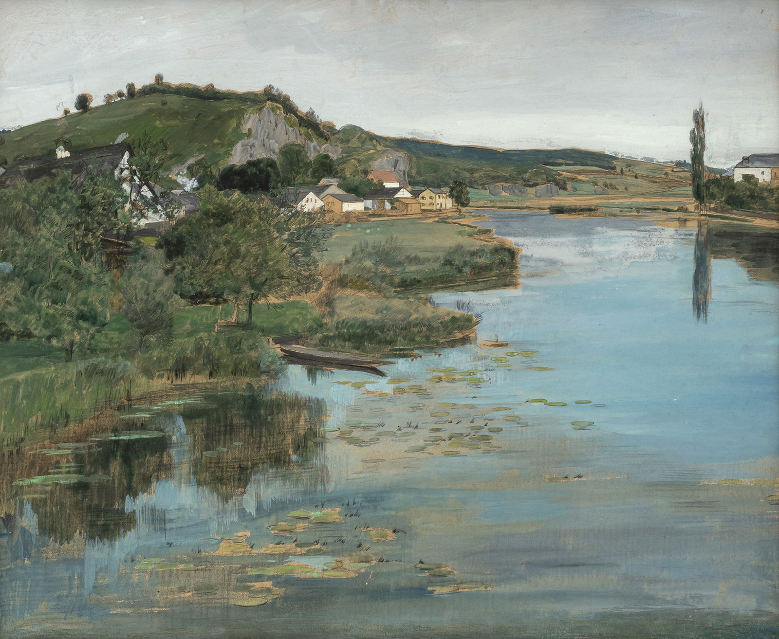 Hertling, Wilhelm Jakob: Hertling, Wilhelm Jakob Katzenelnbogen 1849 - München 1926 58,5 x 70 cm, R. River landscape with a village. Gouache/paper, signed lower right, verso estate stamp. South German private