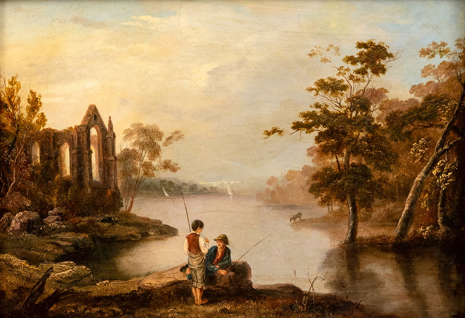 Havell, William (attr.): Havell, William (attr.) 1782 - 1857 25 x 36 cm River landscape with anglers and a ruin. Oil/canvas, inscribed and dated 1843. Traces due to age.Havell, William (attr.) 1782 - 1857 25 x 36 cm