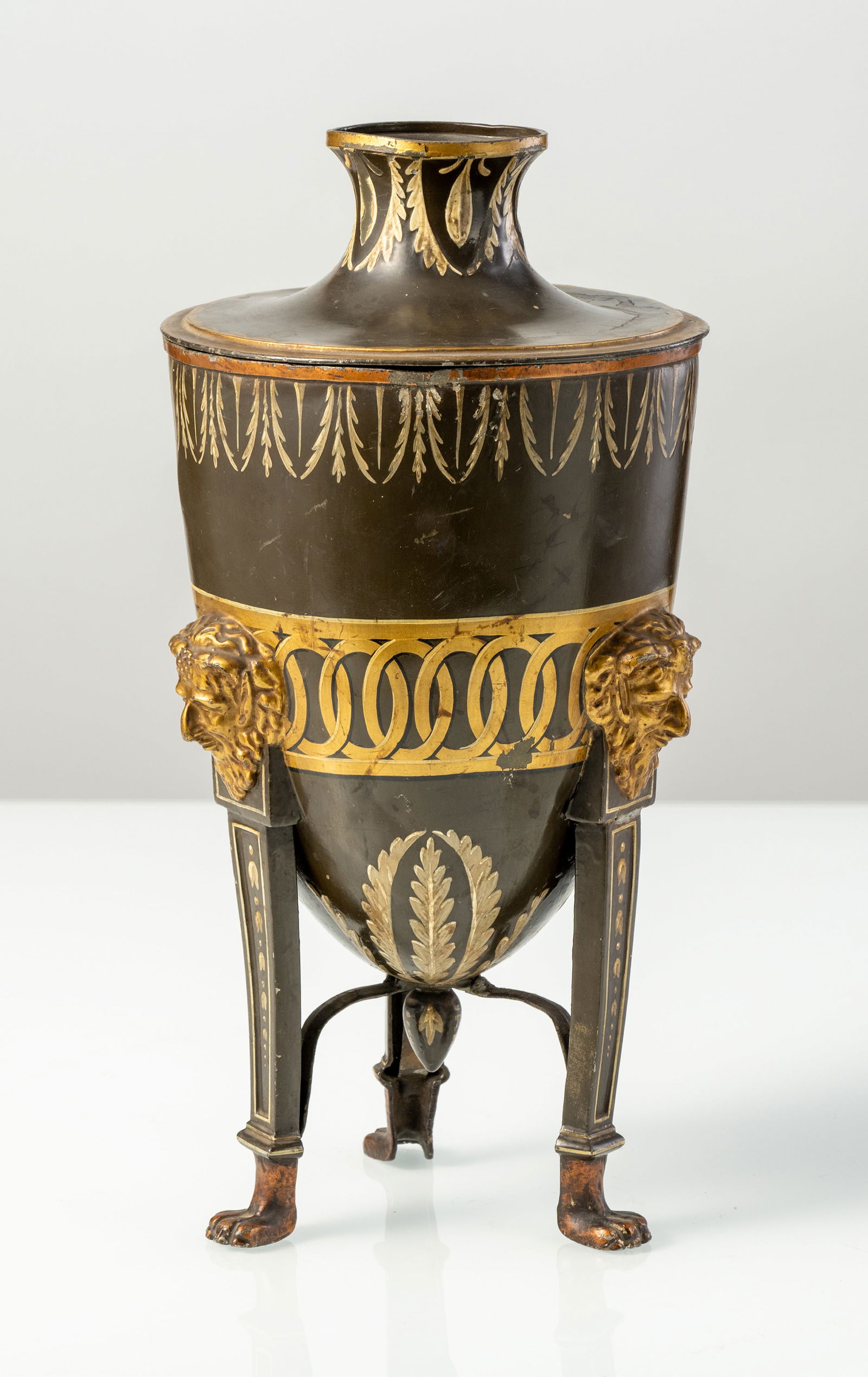 A PAINTED METAL URN SHAPED VASE AND COVER - 2