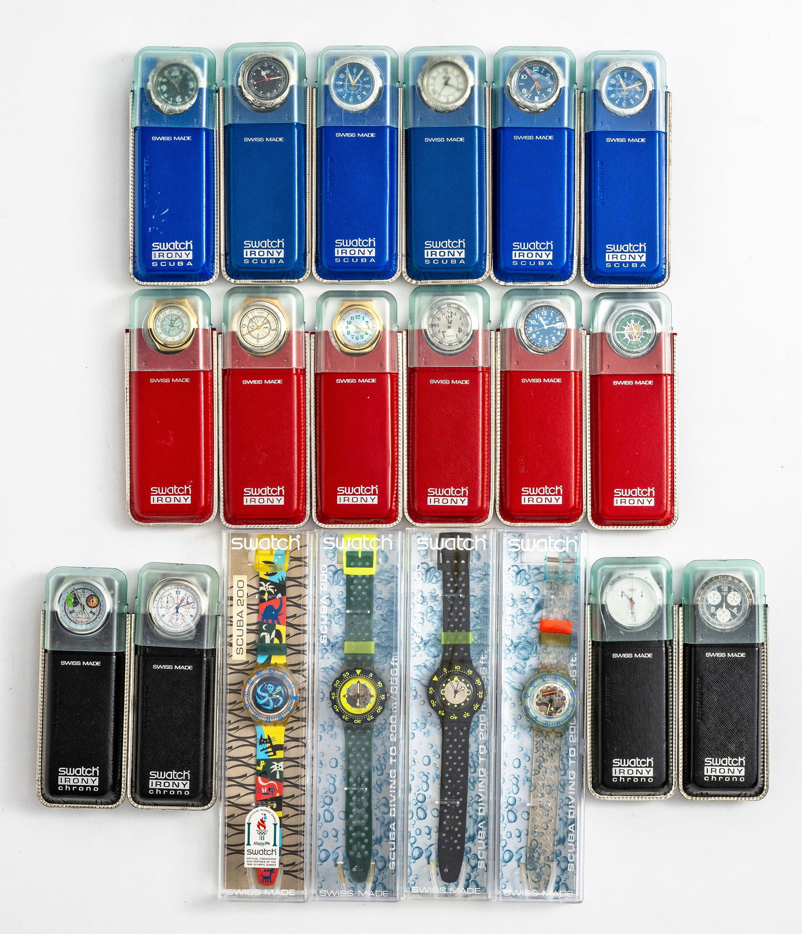 Mixed lot of 24 Swatch watches: Mixed lot of 24 Swatch watches Various editions, plastic and leather straps, some with elasticated band, water-resistant, quartz movement not tested for functionality, batteries must be replaced,