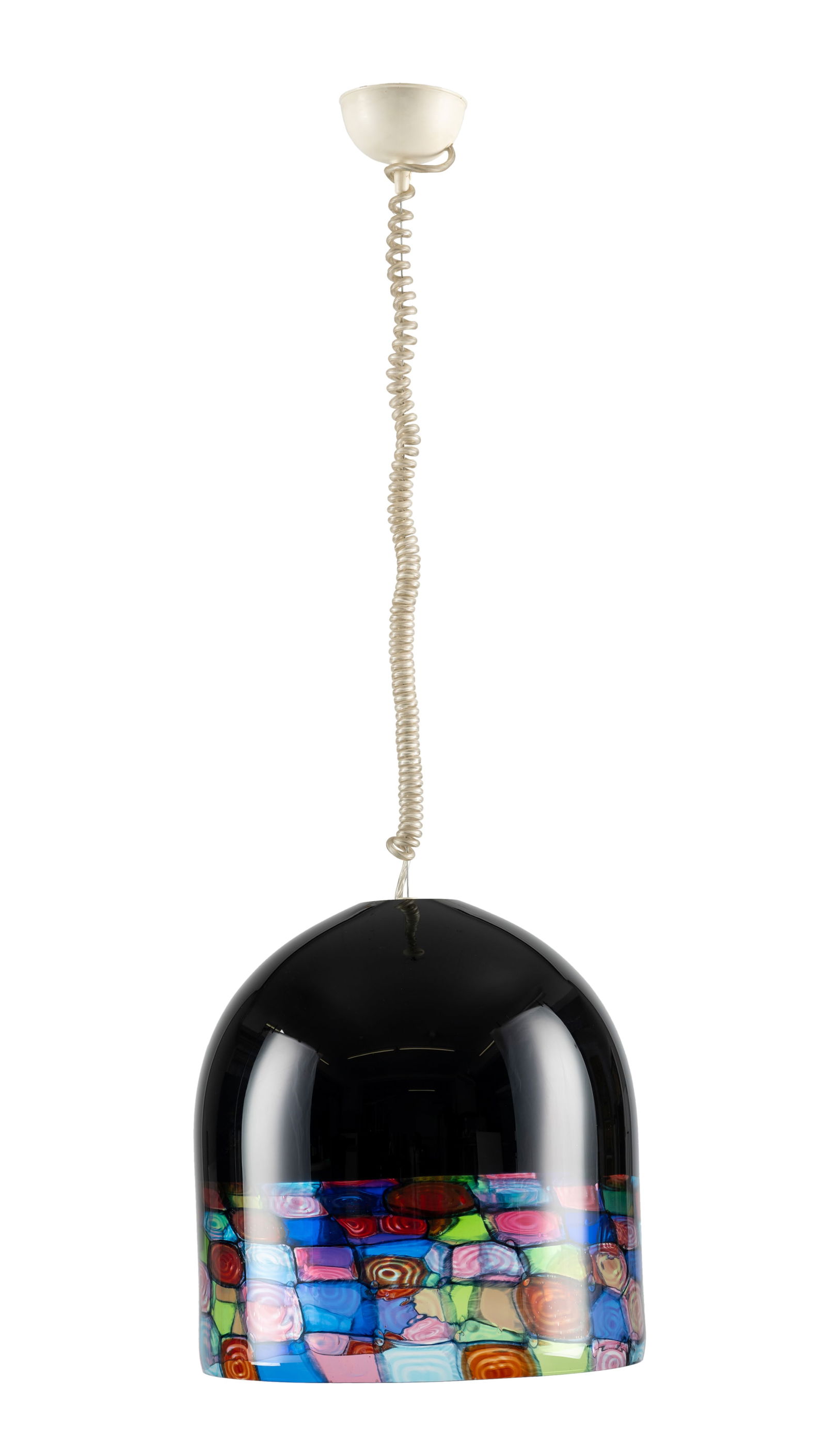 GLASS PENDANT LIGHT "TINTA": GLASS PENDANT LIGHT "TINTA" Design: Noti Massari, 1971 for Leucos, Italy. Ø 36 cm, H. 38 cm Ceiling light made of black glass with glass inclusions (murrine) in various colours. Fitted for