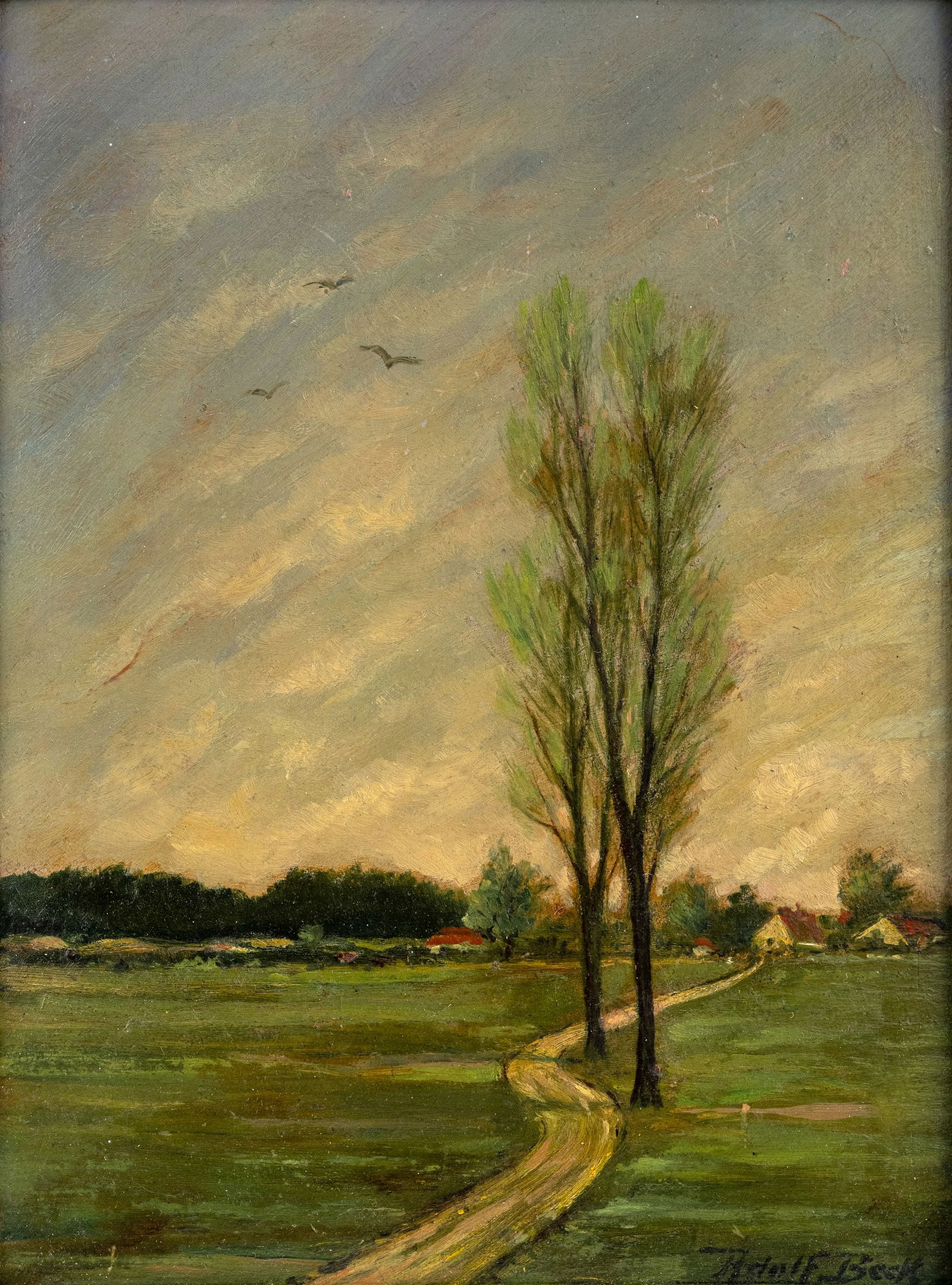 Beck, Adolf: Beck, Adolf 20th ct. 25,5 x 18,5 cm "Frühlings-Stimmung" (Spring Mood). Oil/cardboard, signed. Traces due to age.Beck, Adolf 20. Jhdt. 25,5 x 18,5 cm "Frühlings-Stimmung" Öl/Karton,