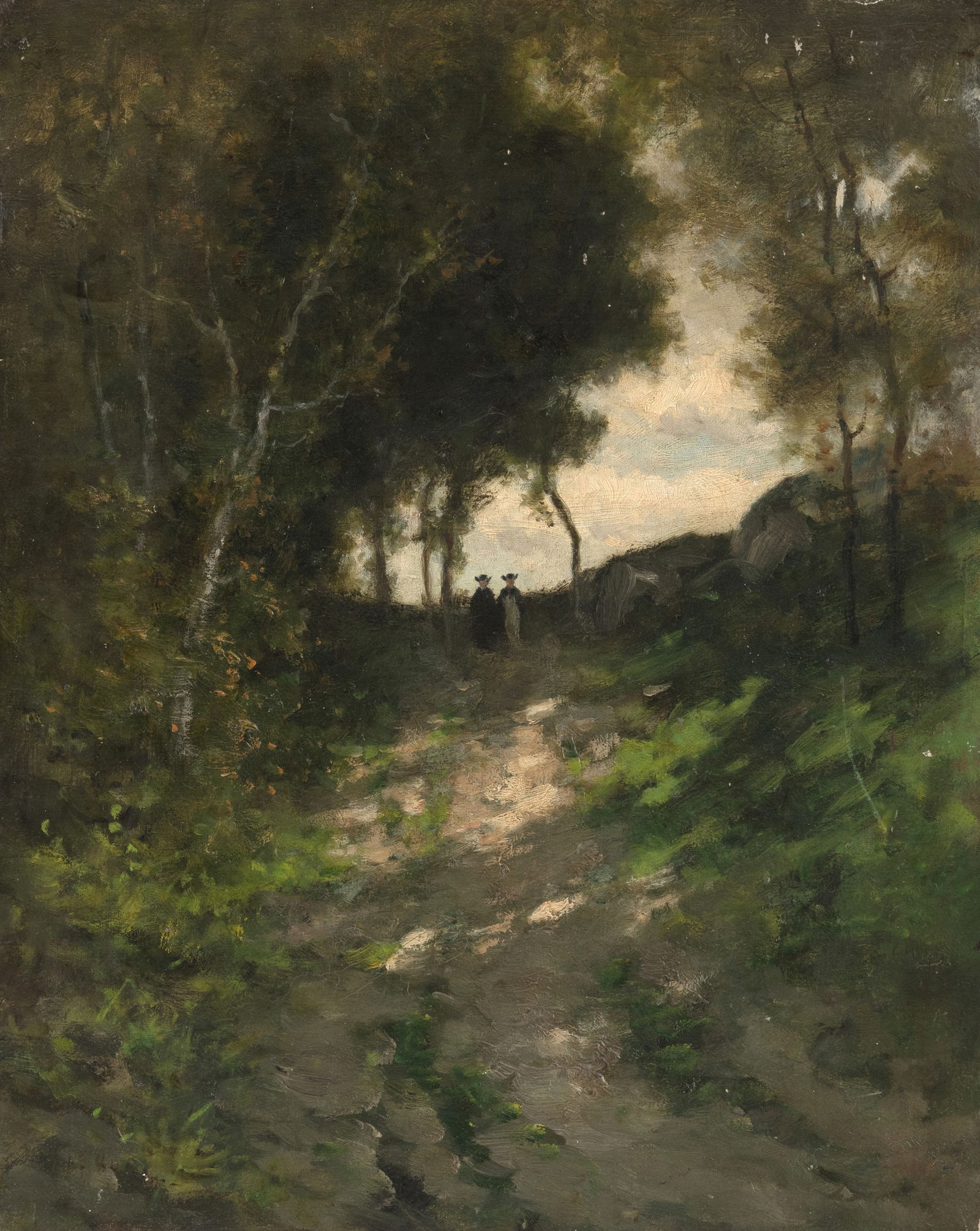 Herlin, Auguste Joseph (attr.): Herlin, Auguste Joseph (attr.) 1815 - 1900 41 x 33 cm,o.R. Wooded landscape with two clergymen promenading. Oil/canvas/cardboard.Herlin, Auguste Joseph (attr.) 1815 - 1900 41 x 33 cm,o.R. Bewaldete