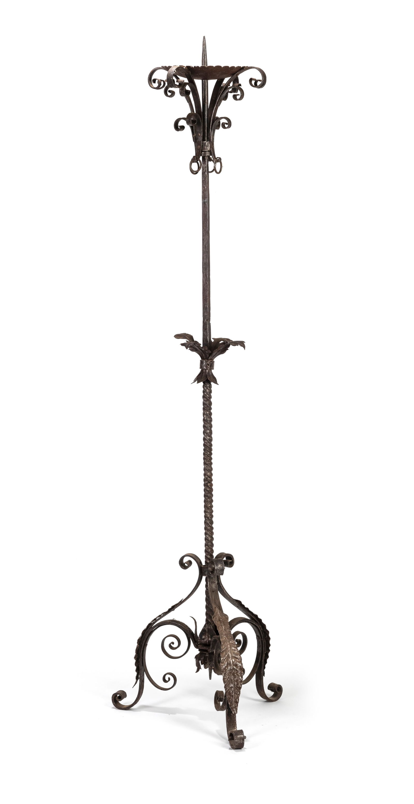 A LARGE WROUGHT IRON CANDLESTICK: A LARGE WROUGHT IRON CANDLESTICK 19TH/20TH CT H. 175 cm Of Renaissance style, leaf pattern. Slight traces of ageGroßer Standleuchter im Renaissance-Stil 19./20. Jhdt. H. 175 cm Schmiedeeisen,