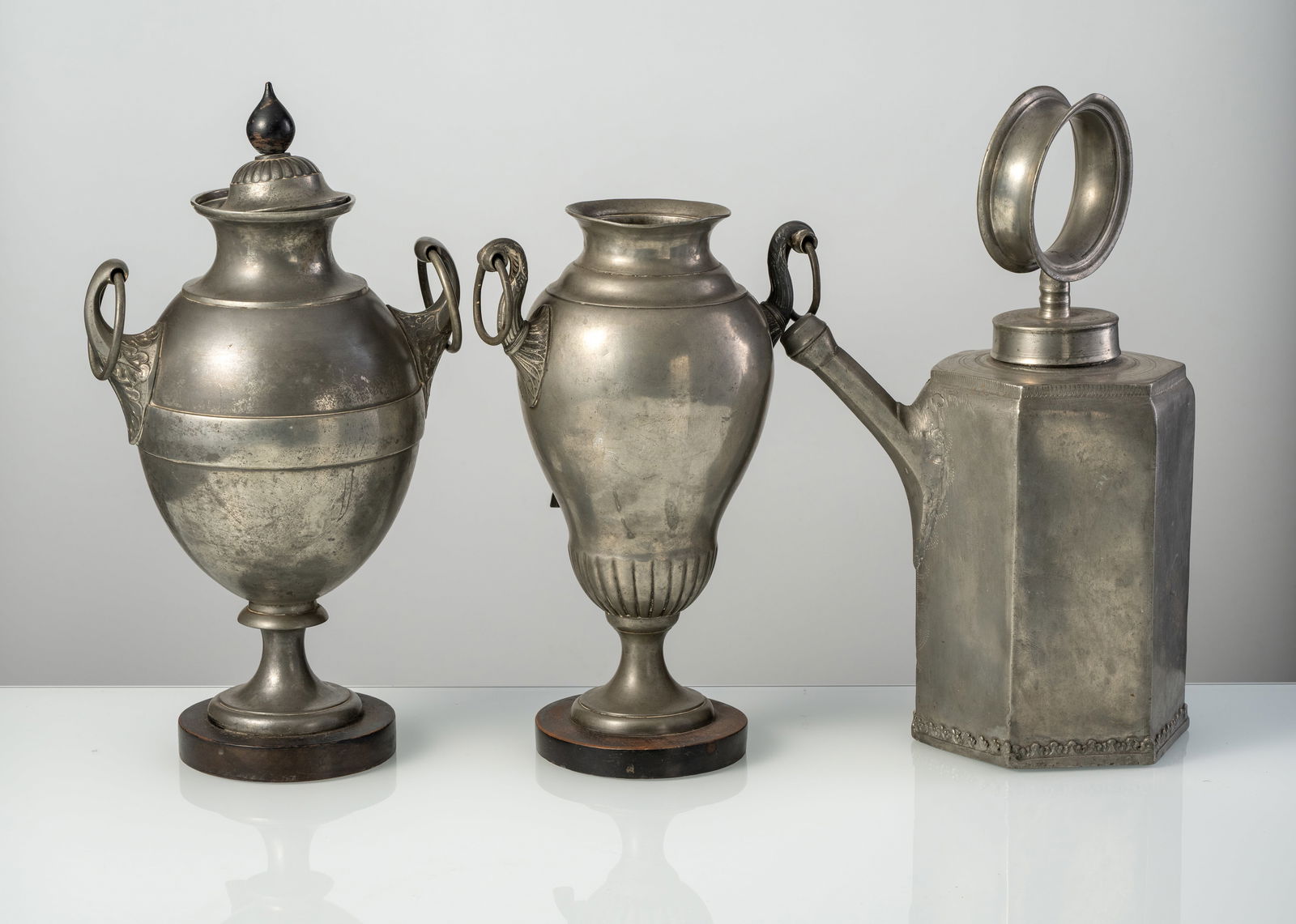 TWO PEWTER SAMOVARS AND A PEWTER SCREW BOTTLE - 2