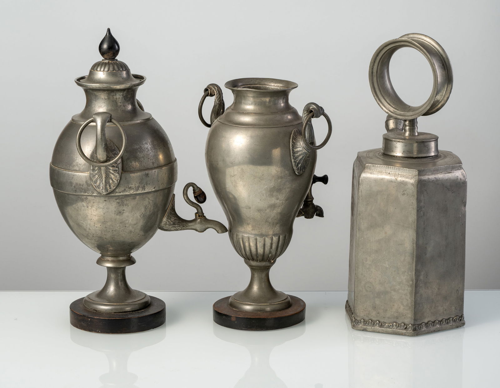 TWO PEWTER SAMOVARS AND A PEWTER SCREW BOTTLE - 3