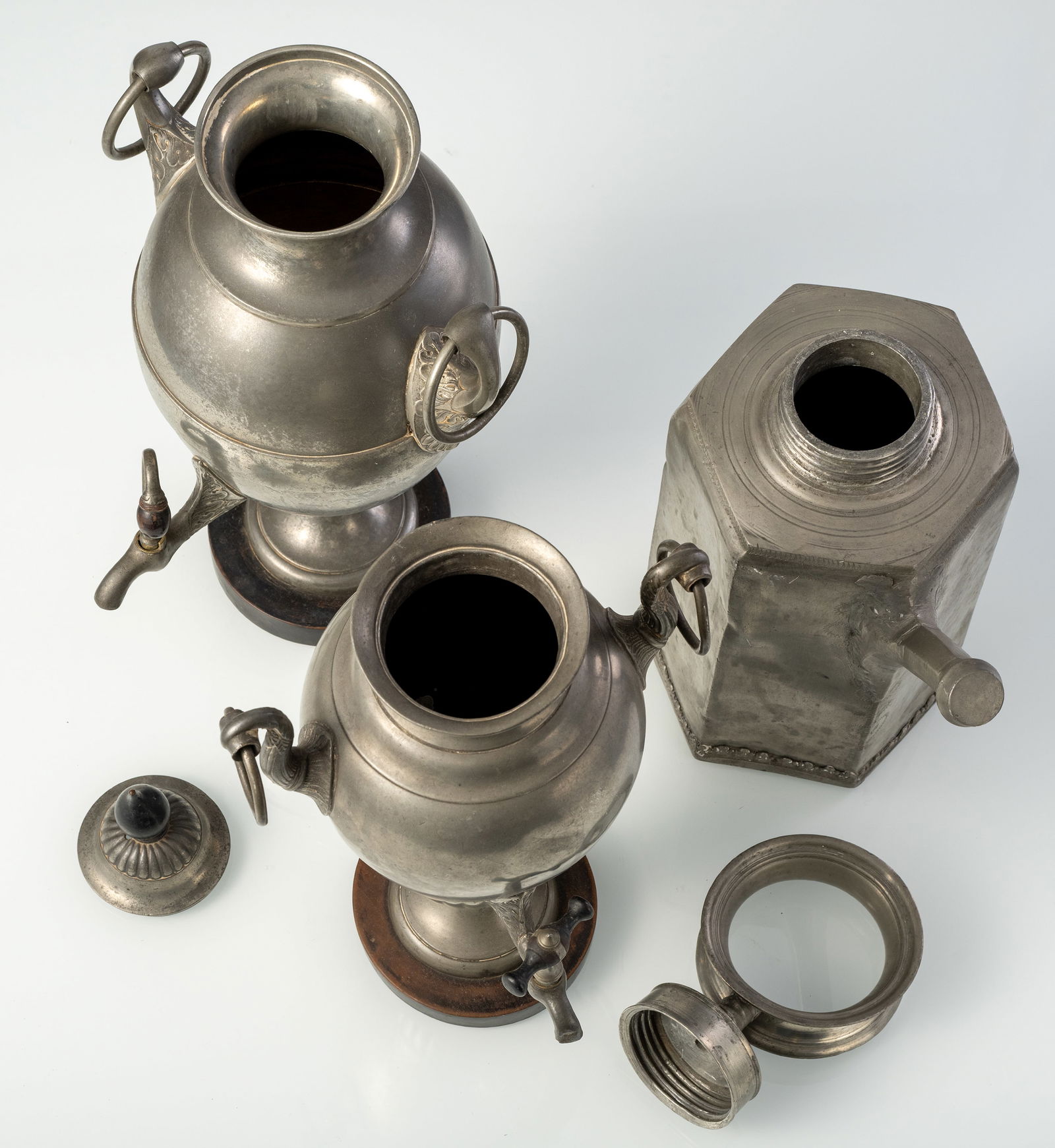 TWO PEWTER SAMOVARS AND A PEWTER SCREW BOTTLE - 5