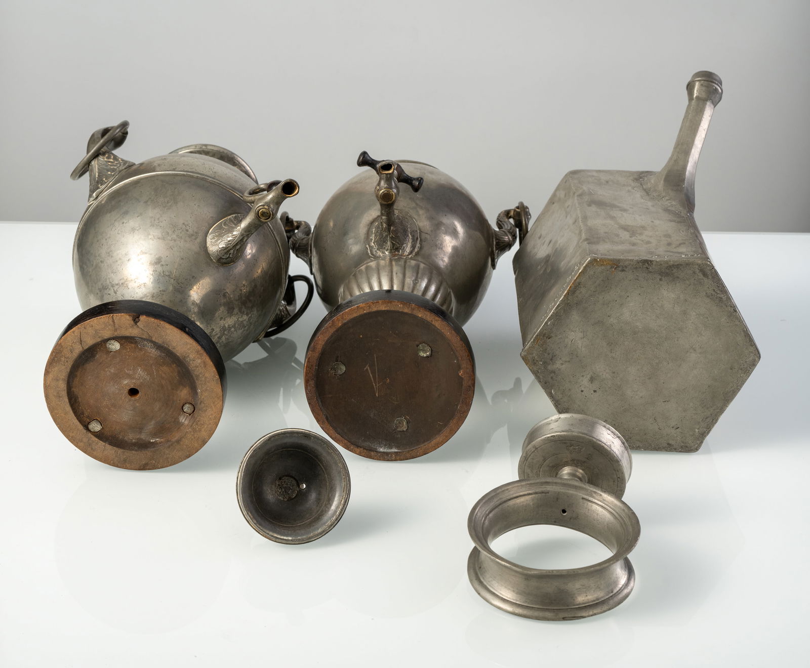 TWO PEWTER SAMOVARS AND A PEWTER SCREW BOTTLE - 6
