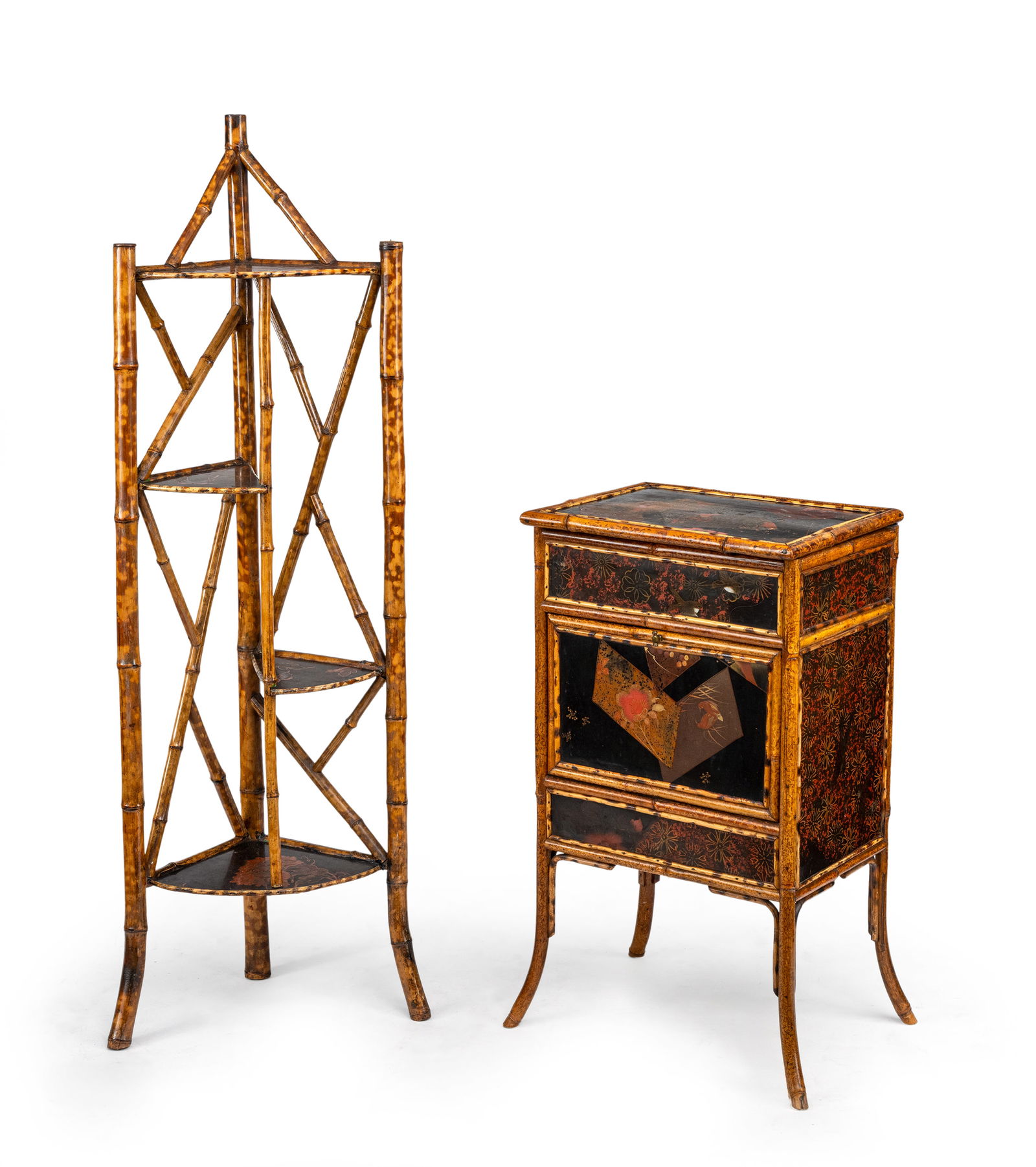 A FRENCH BAMBOO ETAGARE AND AN OCCASIONAL TABLE: A FRENCH BAMBOO ETAGARE AND AN OCCASIONAL TABLE French, 1st third 20th century 77,3 x 43,5 x 31,5 cm/ 130,5 x 29 x 29 cm In Japanese style, painted and lacquered wood and bamboo, the occasional table