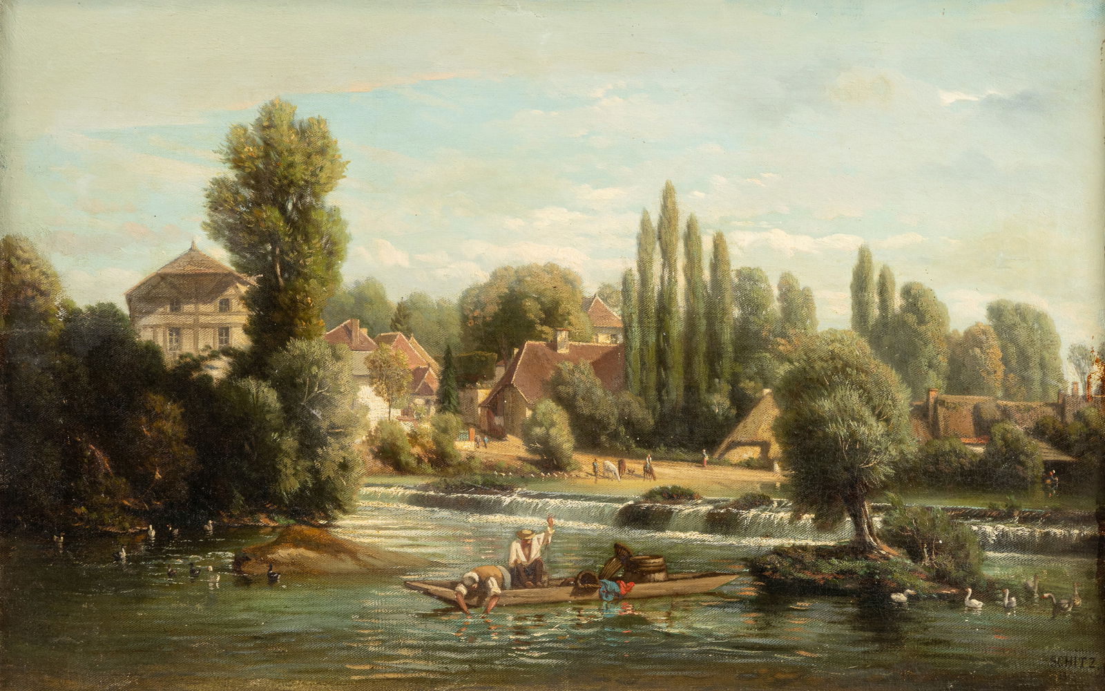 Schitz, Jules: Schitz, Jules 1817 - 1871 35 x 56 cm A small river barrage with a boat at a village. Oil/canvas, signed. Rest. Traces of age.Schitz, Jules 1817 - 1871 35 x 56 cm Flußwehr mit Kahn vor einer