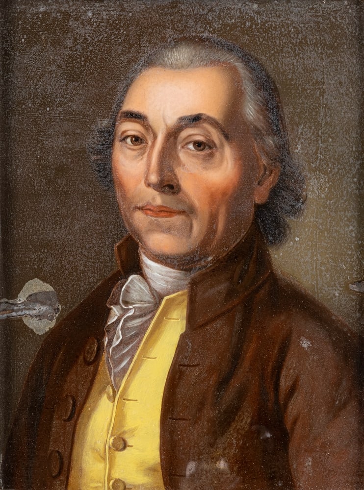 A REVERSE PAINTING ON GLASS: A REVERSE PAINTING ON GLASS LAST THIRD OF 18TH CT 36 x 27 cm Portrait of a Gentleman.Hinterglasmalerei Letztes Drittel 18. Jhdt. 36 x 27 cm Portrait eines Herren in brauner Jacke.