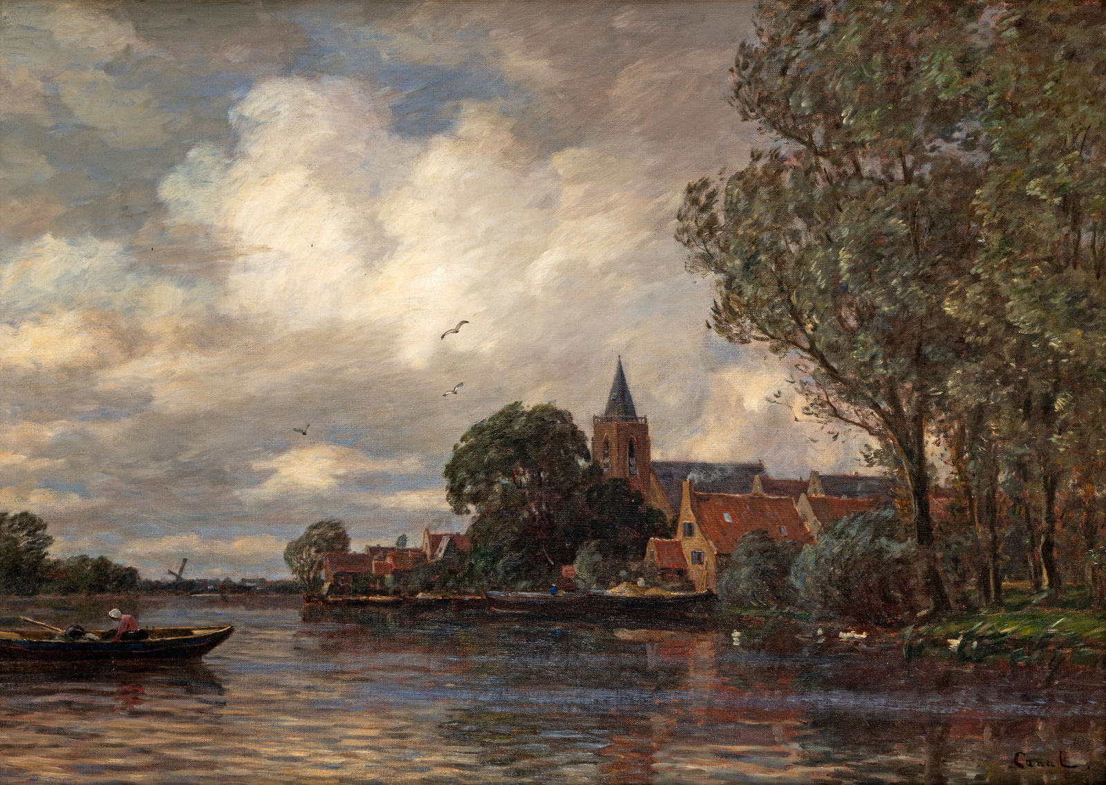 Canal, Gilbert von: Canal, Gilbert von 1849 - 1927 68 x 93 cm/ 82 x 108 cm Canal landscape with a church village. Oil/canvas, signed.Canal, Gilbert von 1849 - 1927 68 x 93 cm/ 82 x 108 cm Kanallandschaft mit Kirchdorf.