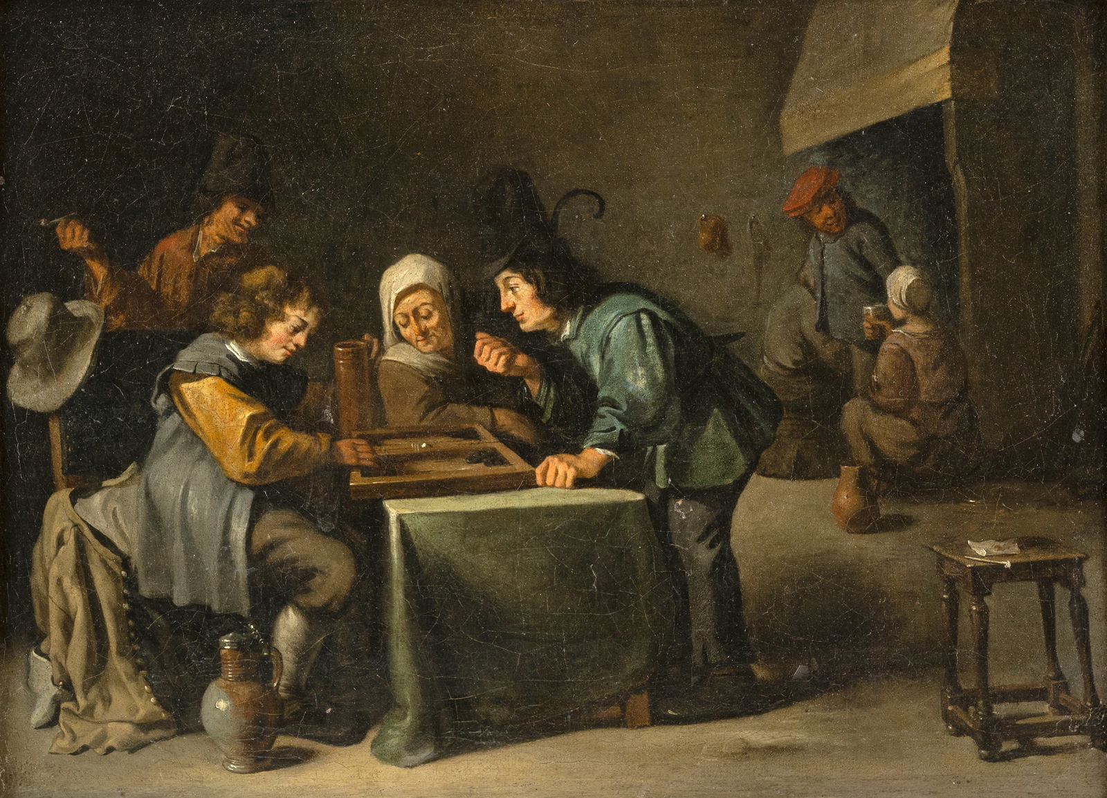 Teniers, David II d.J. (Kreis/Circle): Teniers, David II d.J. (Kreis/Circle) Antwerpen 1610 - Brüssel 1690 34 x 46 cm Men in tavern playing triktrak. Oil/canvas, relined. From a Southern-German private collection.Teniers, David II