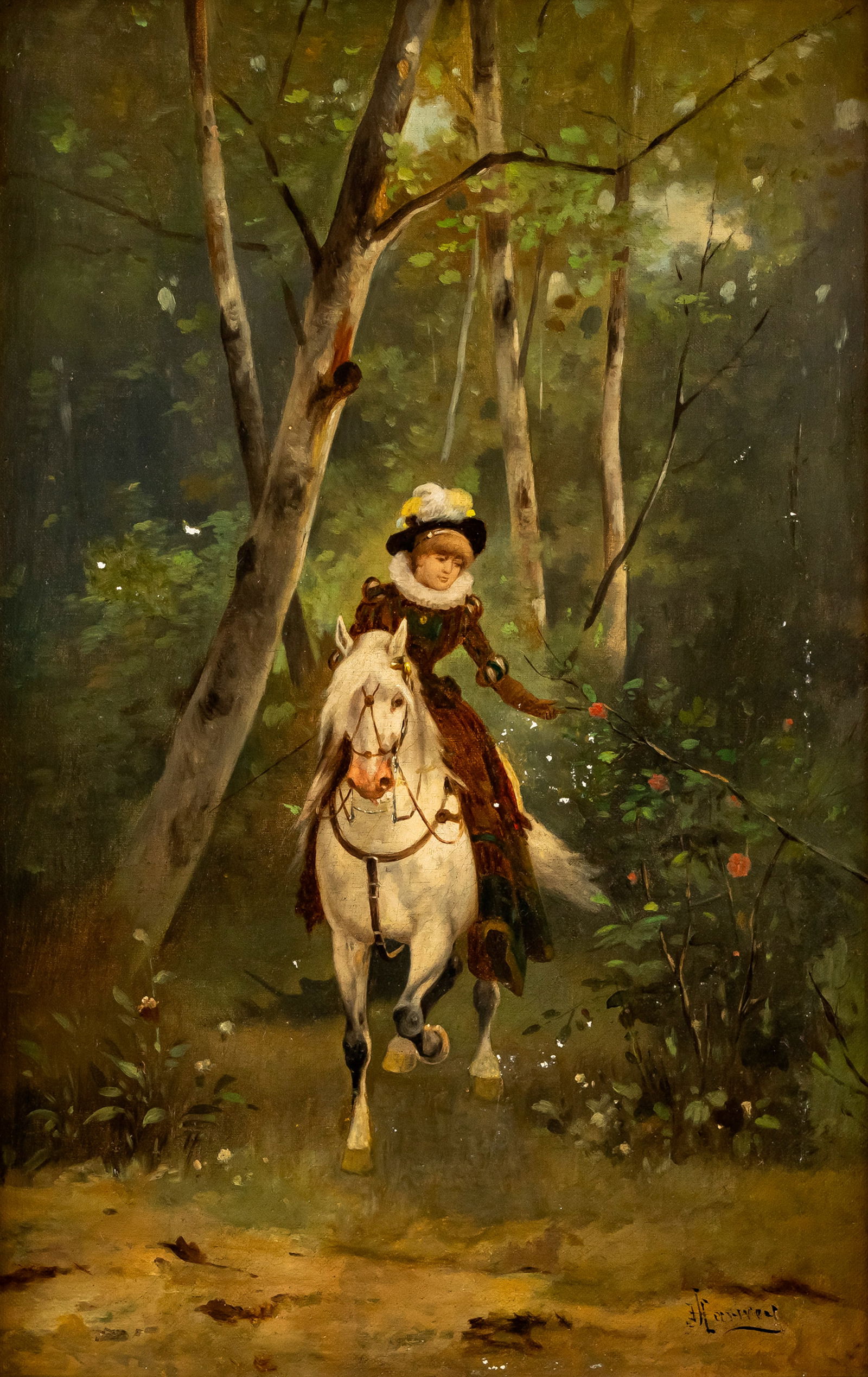 HERIWEY (?): HERIWEY (?) 19/20TH CT 58 x 37 cm Elegant lady on horseback. Oil/canvas, indistinctly signed.Heriwey (?) 19./20. Jhdt. 58 x 37 cm Elegante Reiterin im Wald. Öl/Leinwand, undeutlich signiert.