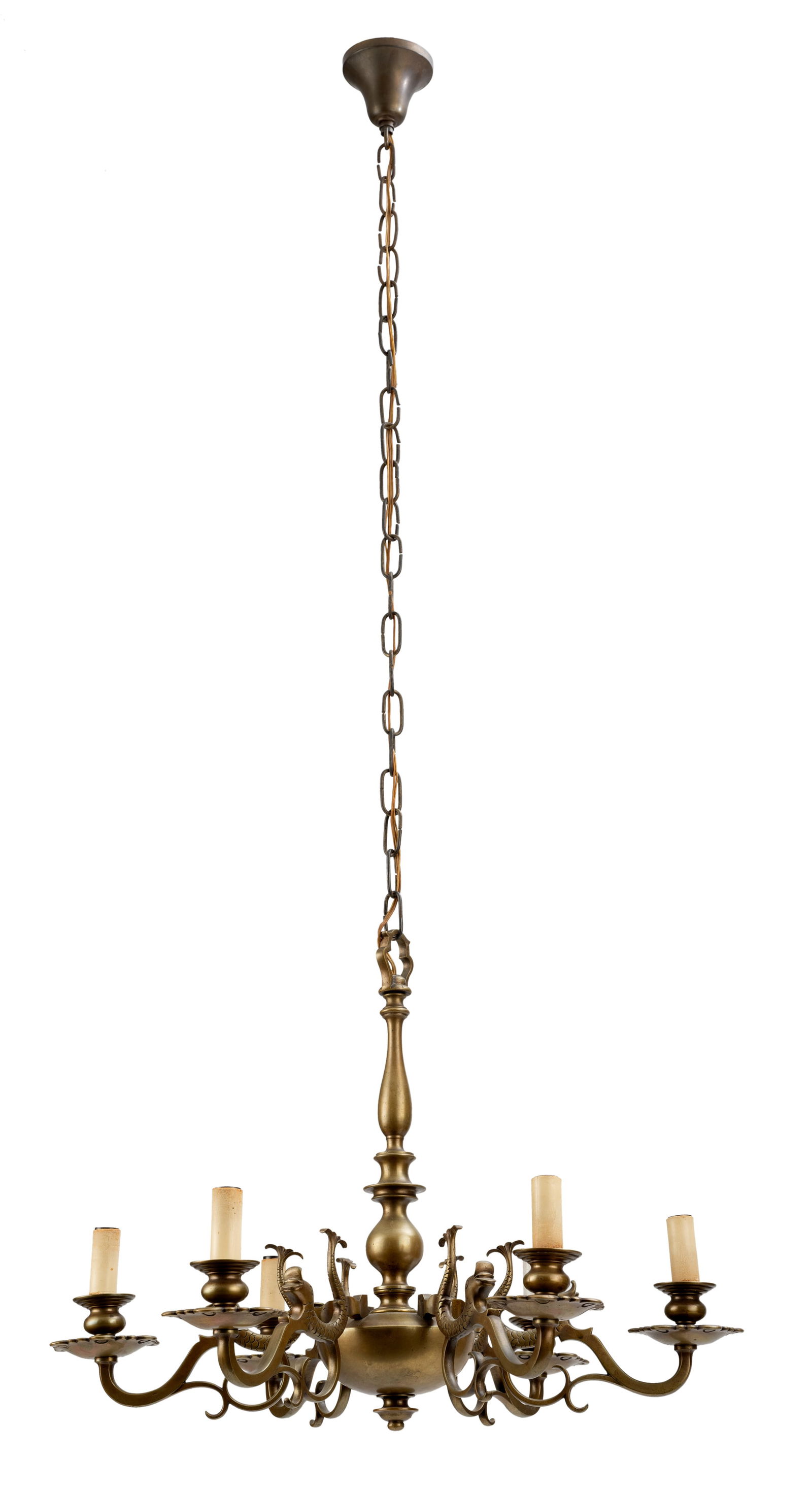 A SIX LIGHT BRONZE CHANDELIER: A SIX LIGHT BRONZE CHANDELIER 20th century H. 45 cm Of Baroque style. Damages.Deckenkrone im Barockstil 20. Jhdt. H. 45 cm Bronze. Sechsflammig. Beschädigungen.