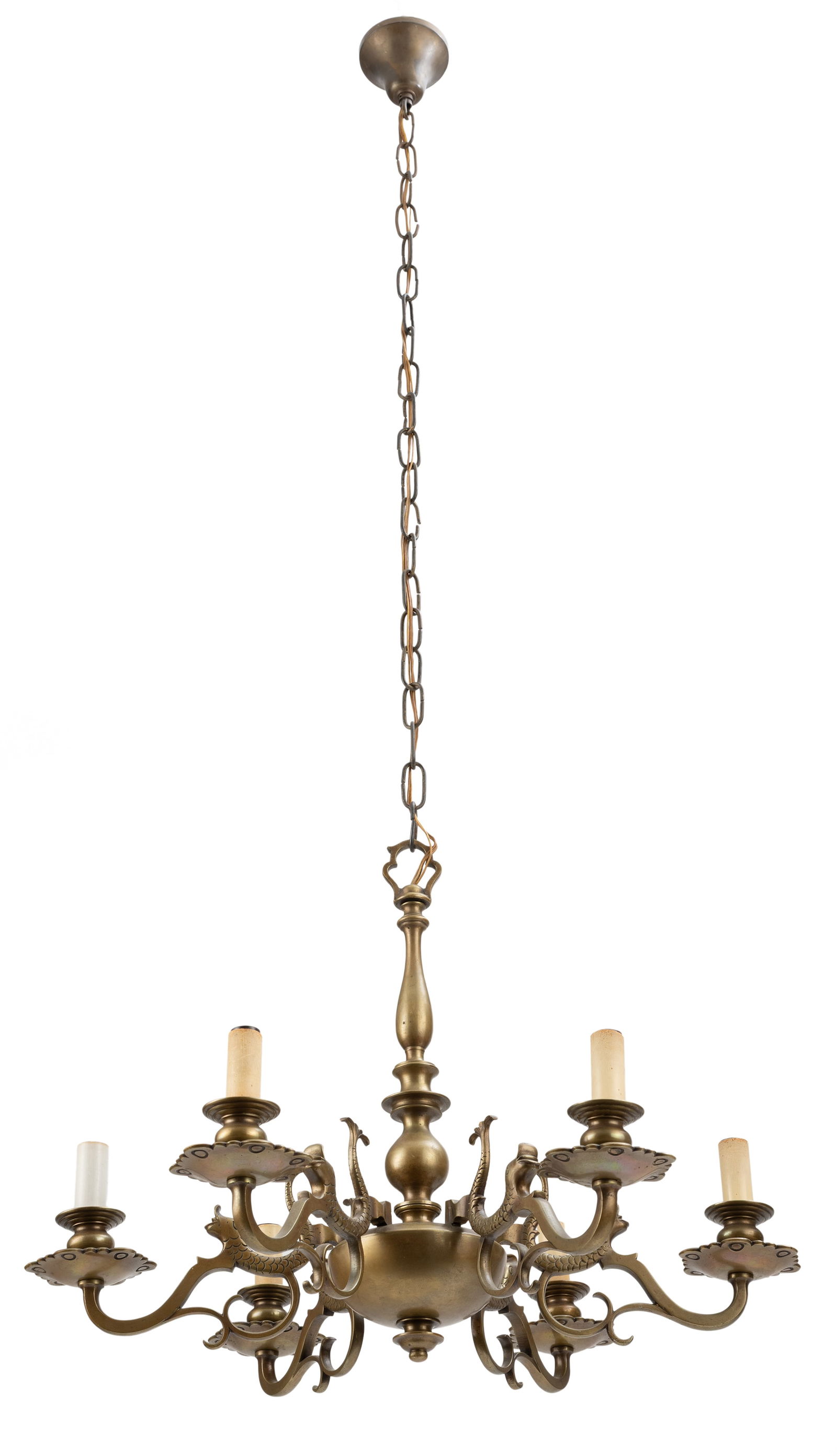 A SIX LIGHT BRONZE CHANDELIER - 4