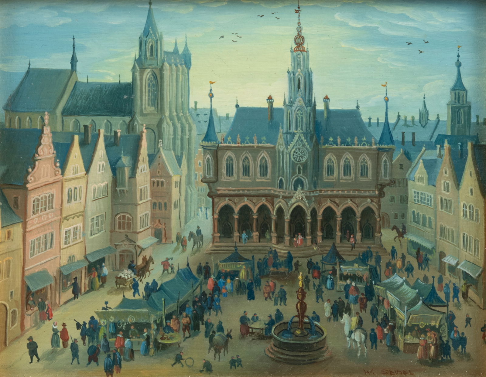 Veduta Painter: Veduta Painter 20th ct. 10 x 13 cm Veduta of a (Belgian?) historic town square. Oil/panel. Damages due to age, rest.Vedutist 20. Jhdt. 10 x 13 cm Platzvedute einer (belgischen?) Altstadt.