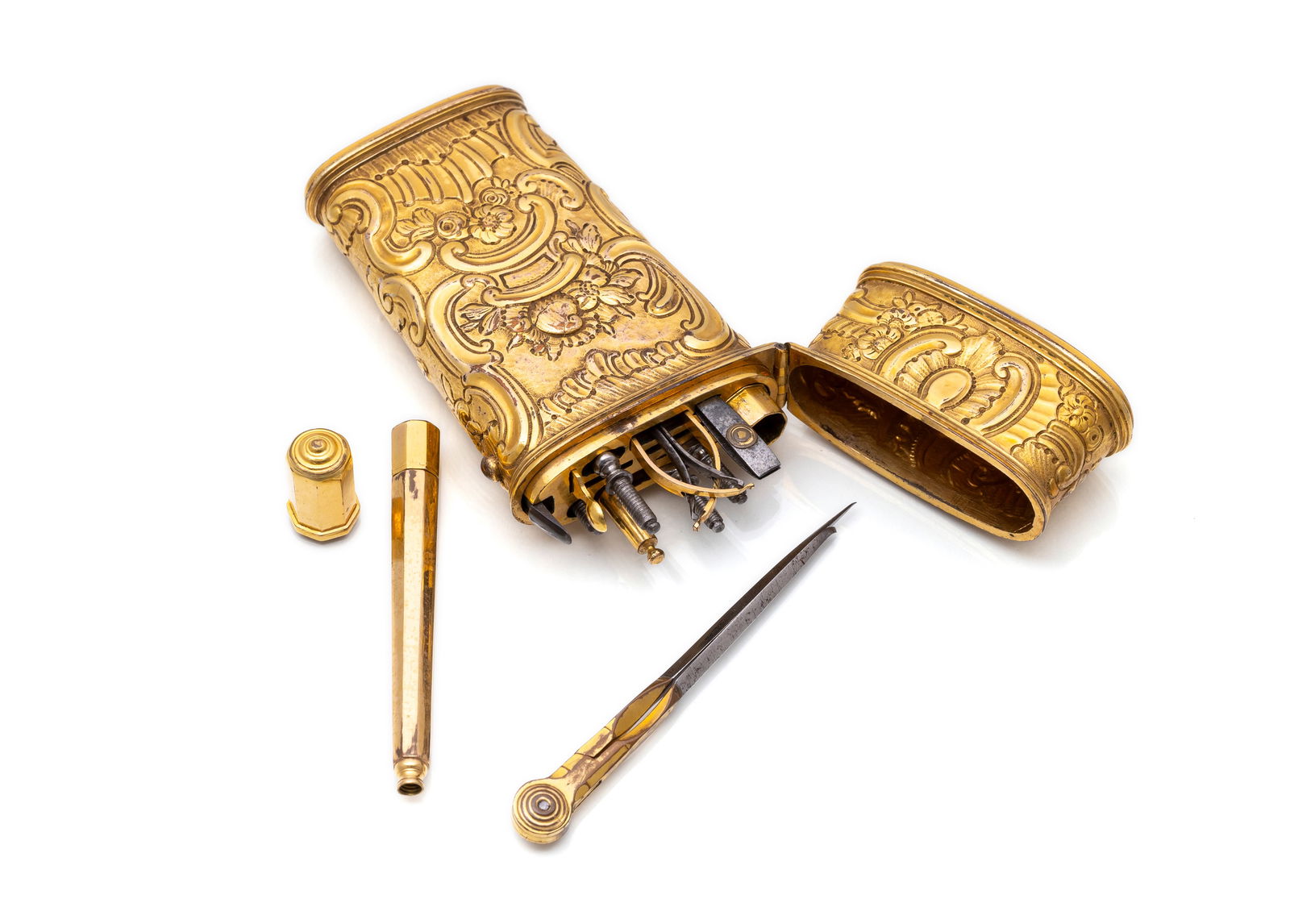 A FINE CHASED BRASS ROCOCO TRAVELLERS SEWING CASE WITH LEATHER BOX - 3