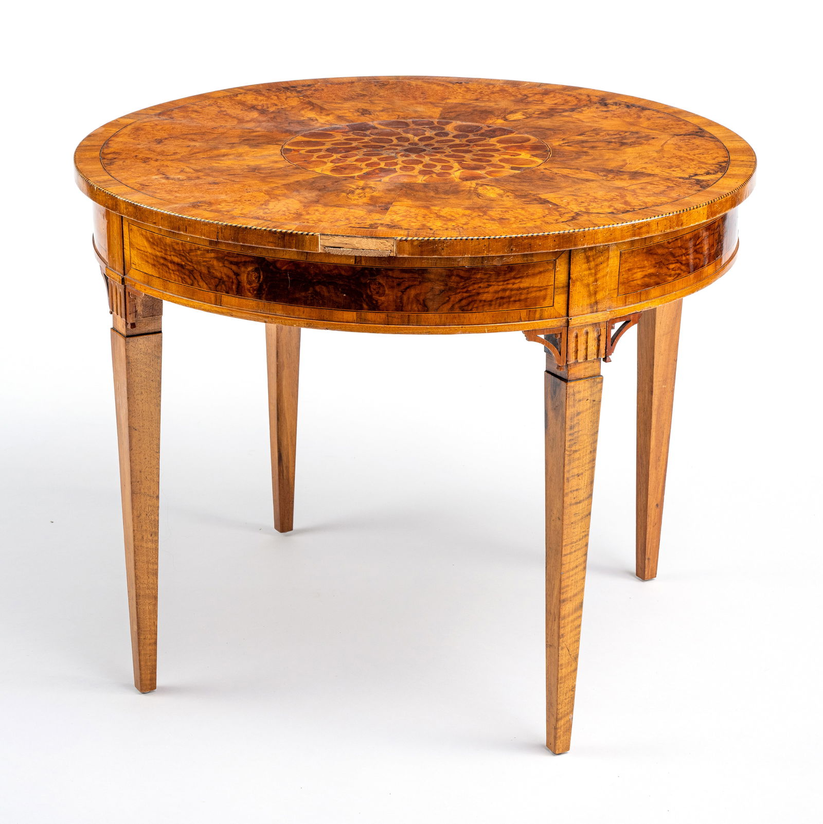 A NEOCLASSICAL WALNUT CENTRE TABLE AND FOUR CHAIRS - 10