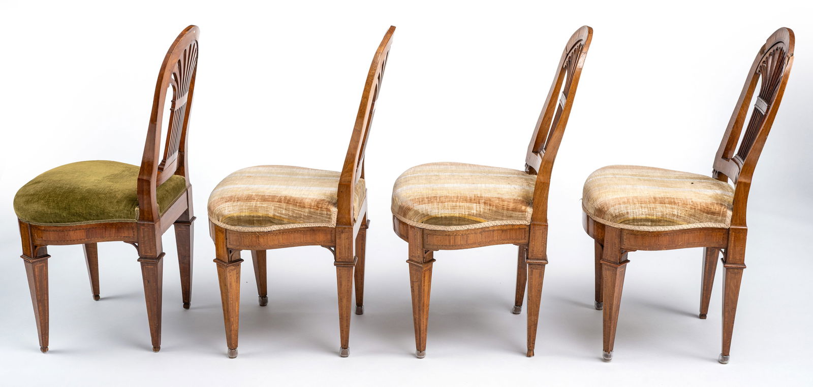 A NEOCLASSICAL WALNUT CENTRE TABLE AND FOUR CHAIRS - 8