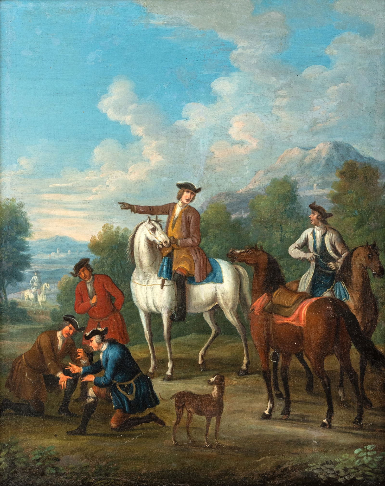 Germany: Germany 18th ct. 75 x 60 cm Gentlemen on horseback at rest. Oil/canvas, relined. Traces due to age, rest.Deutschland 18. Jhdt. 75 x 60 cm Herrenreiter während einer Rast. Öl/Lwd., doubl.