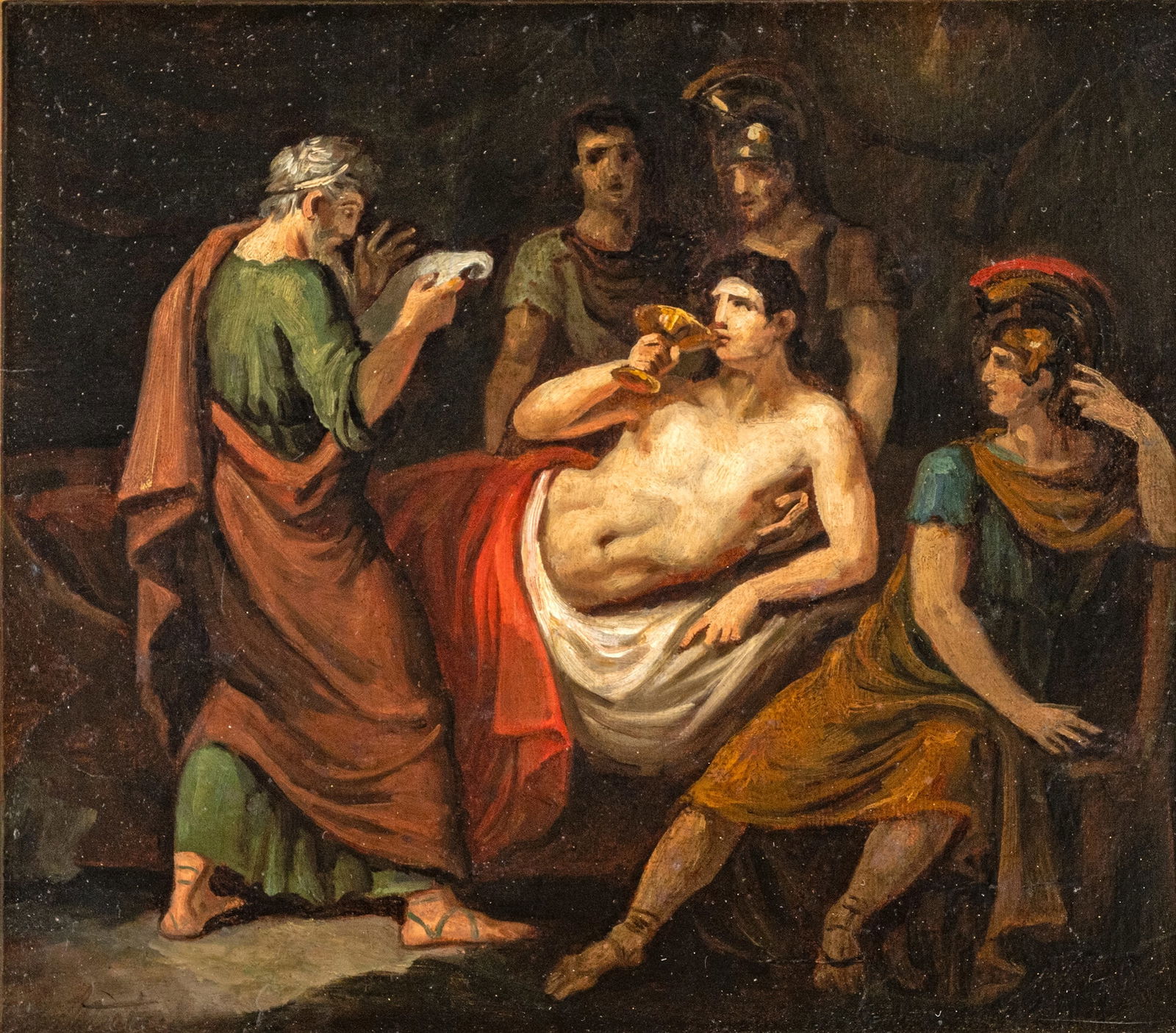 History Painter: History Painter 19th ct. 30,3 x 33,5 cm/ 41,5 x 44,7 cm Drinking the hemlock cup (Alexander the Great surrounded by his doctors?). Oil/panel. Traces due to age, rest.Historienmaler 19. Jhdt. 30,3 x