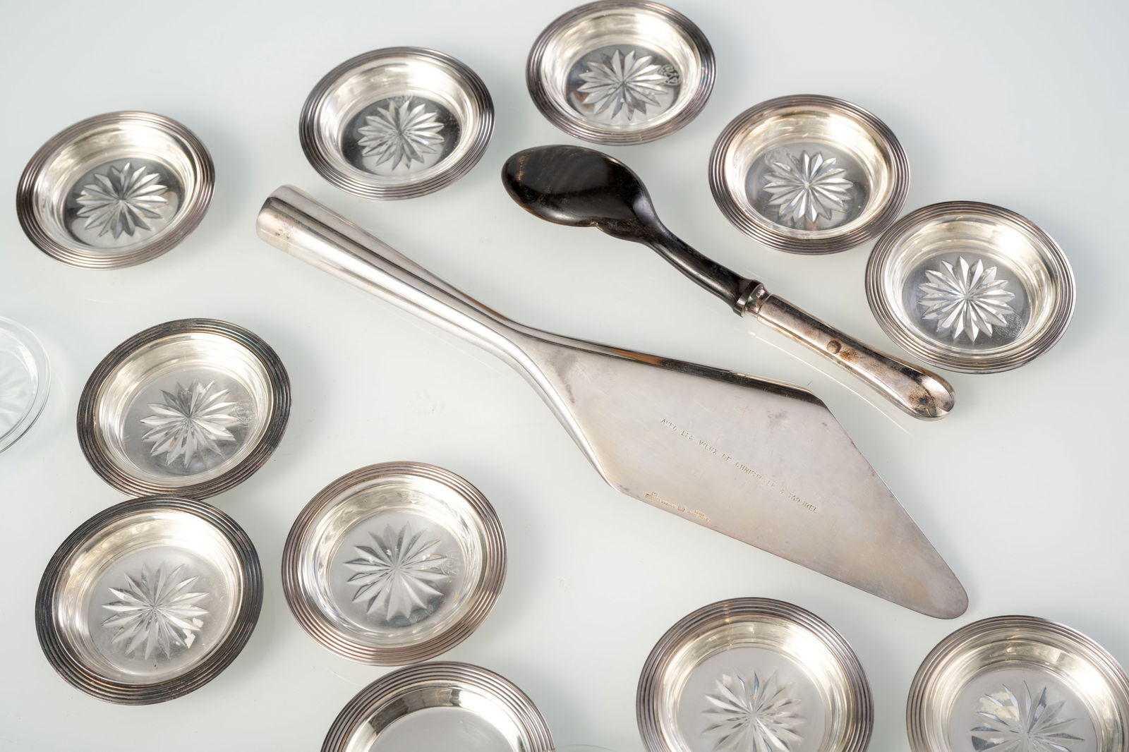 12 SMALL GLASS LINED COASTERS AND SOME CULTERY - 3