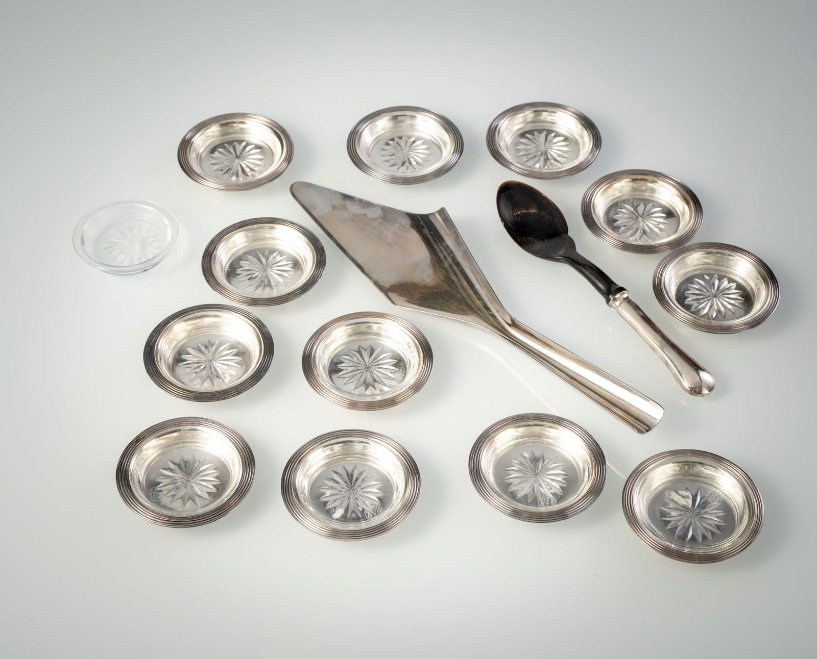 12 SMALL GLASS LINED COASTERS AND SOME CULTERY - 7