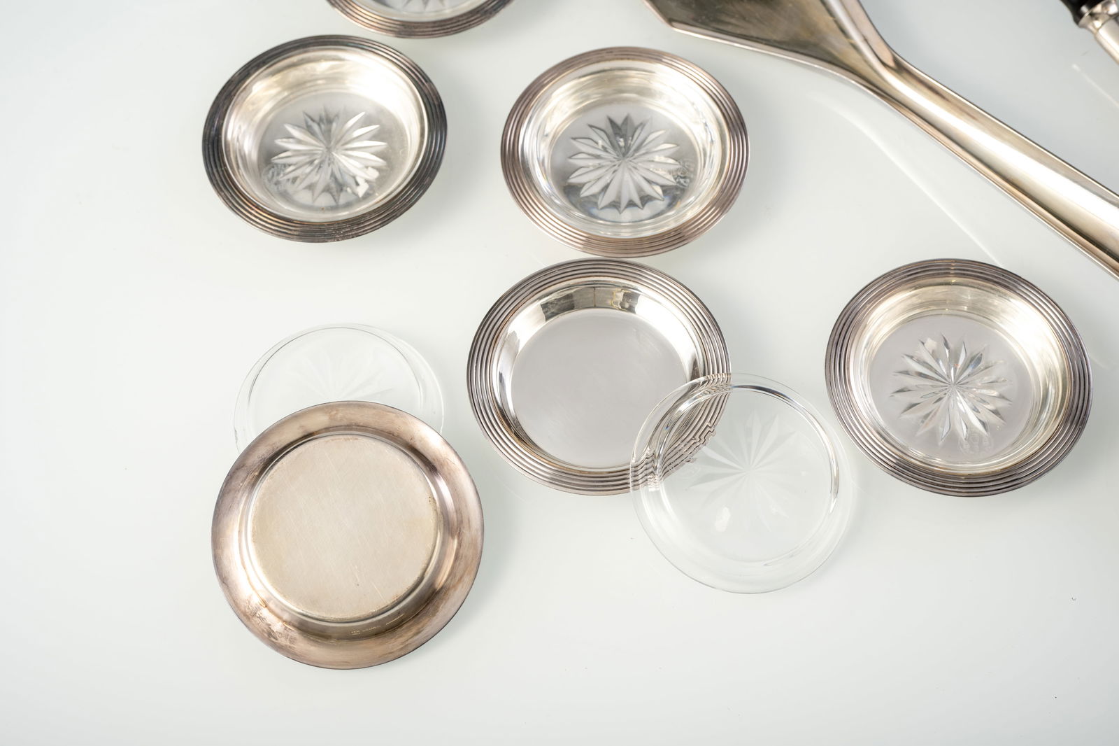 12 SMALL GLASS LINED COASTERS AND SOME CULTERY - 8