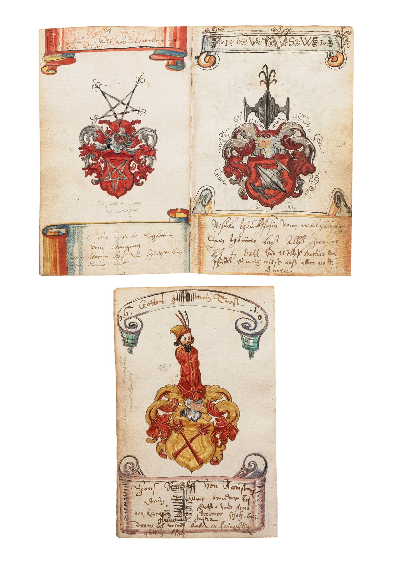 Coats of Arms: Coats of Arms 17/18th ct. H. 15 cm, o.R. Two sheets with coats of arms. Pen and watercolour/paper. Damages due to age.Wappendarstellungen 17./18. Jhdt. H. 15 cm, o.R. 2 Bll. mit Wappendarstellungen.
