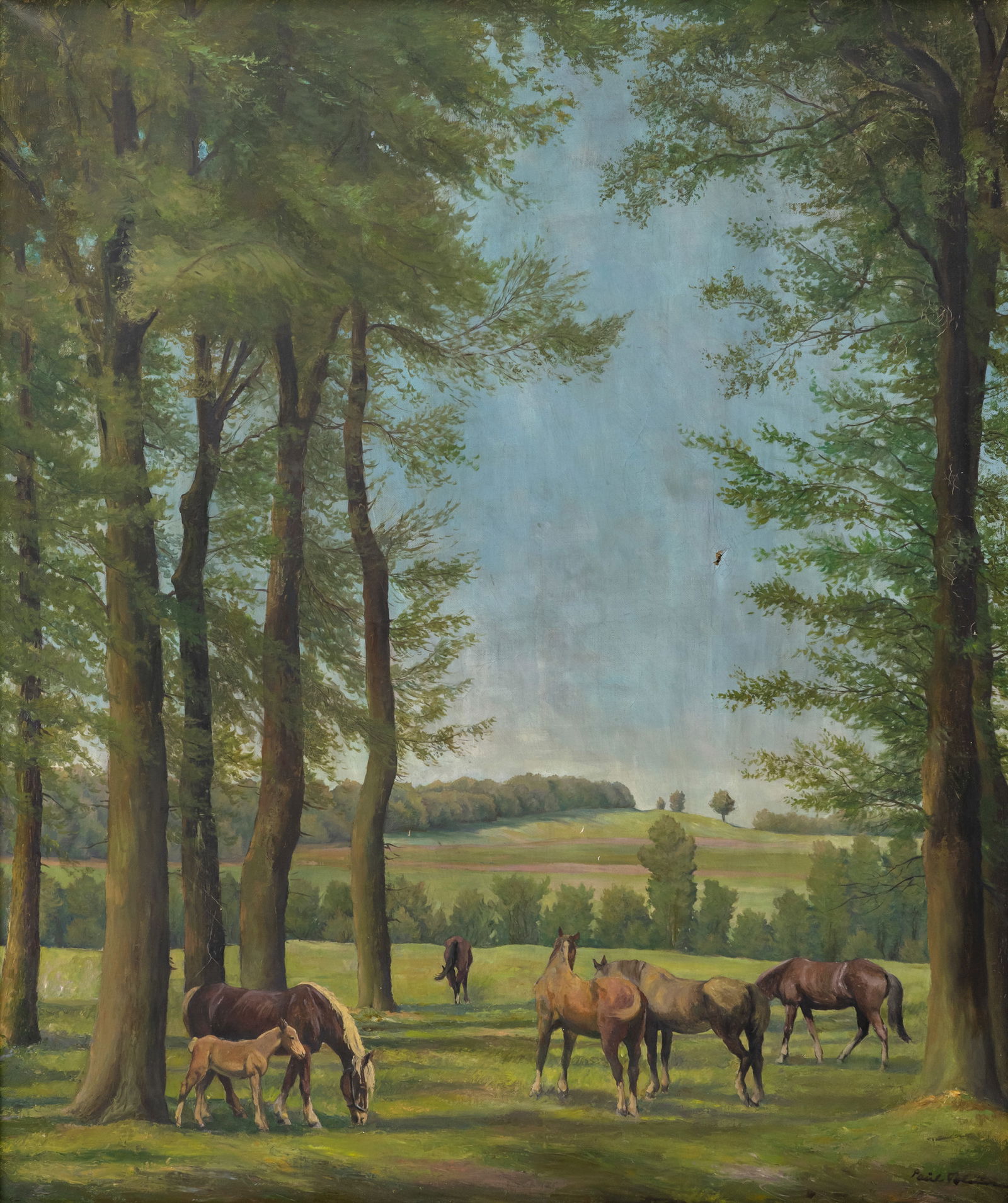 Blume, Paul: Blume, Paul C. 1900 - 1981 90 x 76 cm Horses in a wooded landscape. Oil/canvas.Blume, Paul Um 1900 - 1981 90 x 76 cm Pferde in bewaldeter Landschaft. Öl/Lwd., signiert.