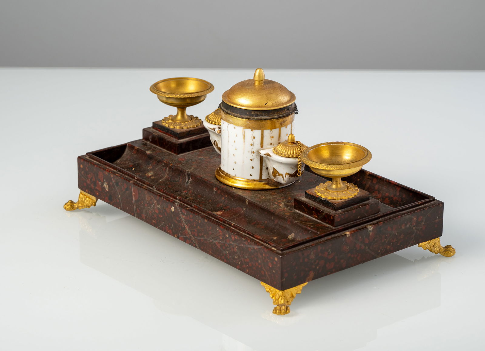 A FRENCH GILT METAL MOUNTED FAUX MARBLE WRITING SET - 2