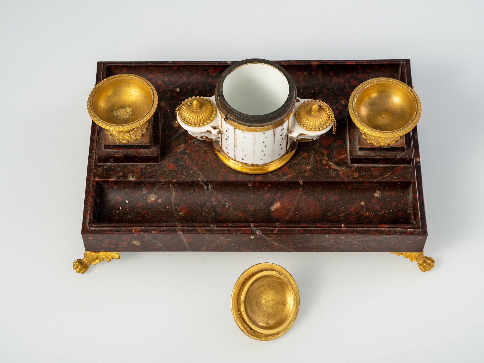 A FRENCH GILT METAL MOUNTED FAUX MARBLE WRITING SET - 3
