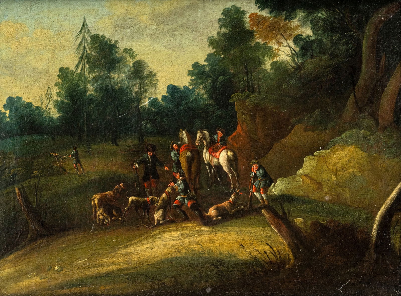 Germany: Germany 18th ct. 30 x 40 cm Two hunting scenes. A pair. Oil/canvas, relined. Traces due to age, rest.Deutschland 18. Jhdt. 30 x 40 cm Zwei Jagdszenen. Gegenstücke. Öl/Lwd., doubl.