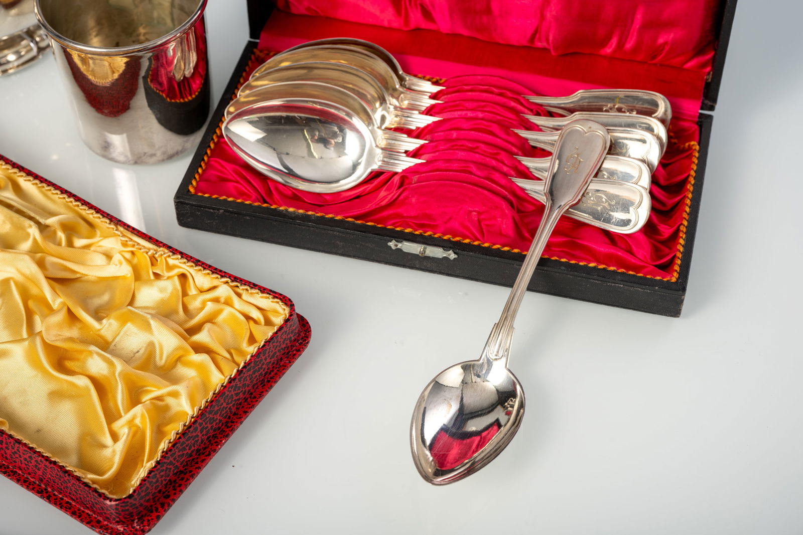 A COFFEE POT; CUTLERY PIECES AND A BEAKER - 2